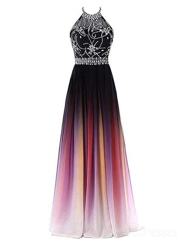 Elegant Halter Beaded Chiffon Ombre Long Evening Prom Dress | Custom Sweet 16 Gown for Teens | Perfect for Formal Dances, Quinceañeras & Special Occasions