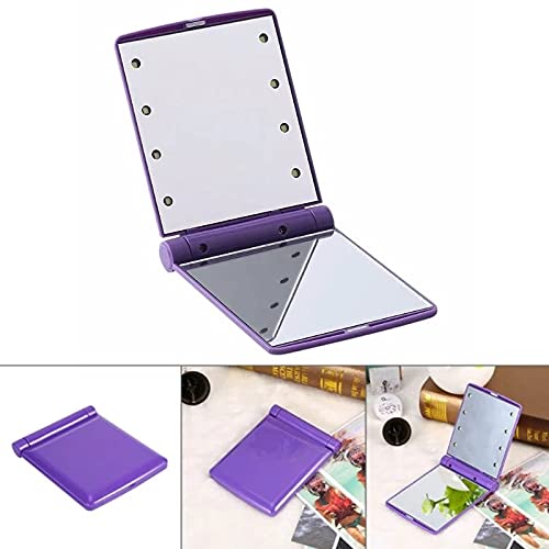 Mpowtech Portable LED Lighted Travel Makeup Mirror - 8 Adjustable LED Lights, Folding Compact Design for Purse & Pocket | Perfect for Travel, Home Vanity & On-the-Go Touchups (Purple)