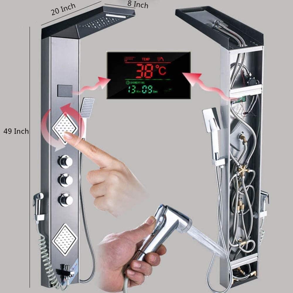 6-Function Stainless Steel LED Shower Panel with Temperature Display - Rain Shower, Massage Jets, Bidet Spray & Handheld Shower for Modern Bathroom Renovation | Spa-Like Experience for Relaxation & Luxury Bathing