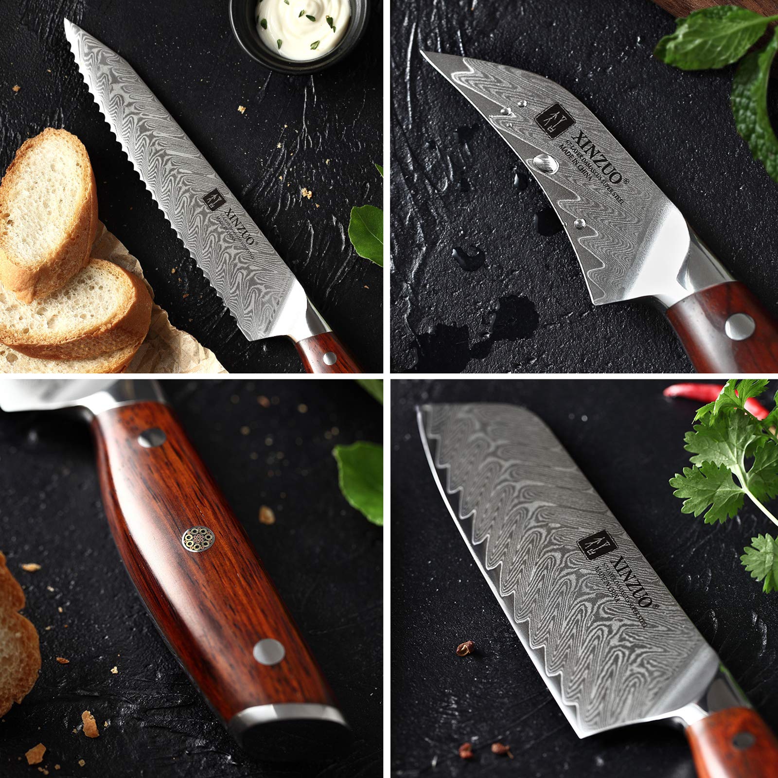XINZUO 5-Piece Damascus Steel Knife Set - Professional Ultra Sharp Kitchen Knives with Natural Rosewood Handles - Perfect Chef Gift Box for Home Cooking & Professional Kitchens