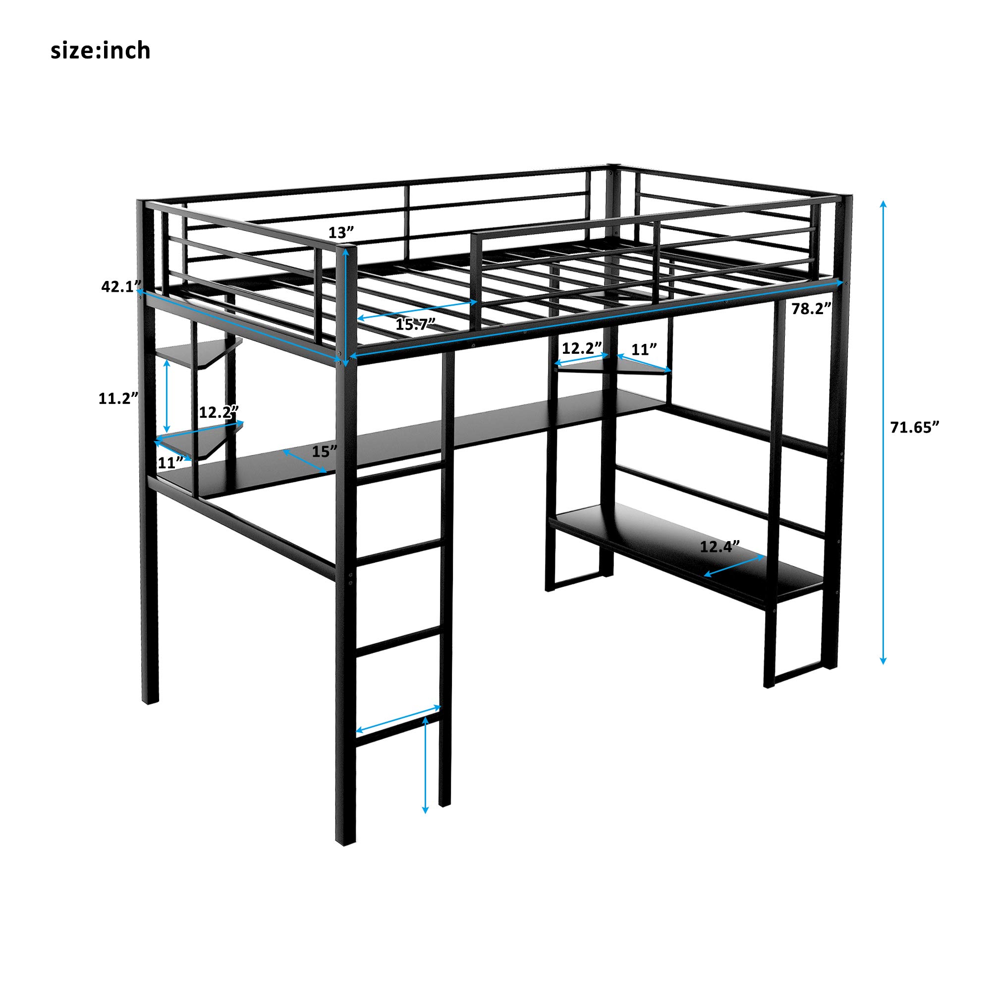 Twin Size Metal Loft Bed with Shelves & Under-Bed Desk - Sturdy Loft Bed Frame with Ladder & Safety Rail for Kids & Teens - Space-Saving Study & Sleep Solution - No Box Spring Needed (Black) - Perfect for Small Bedrooms, Dorm Rooms & Kids' Rooms