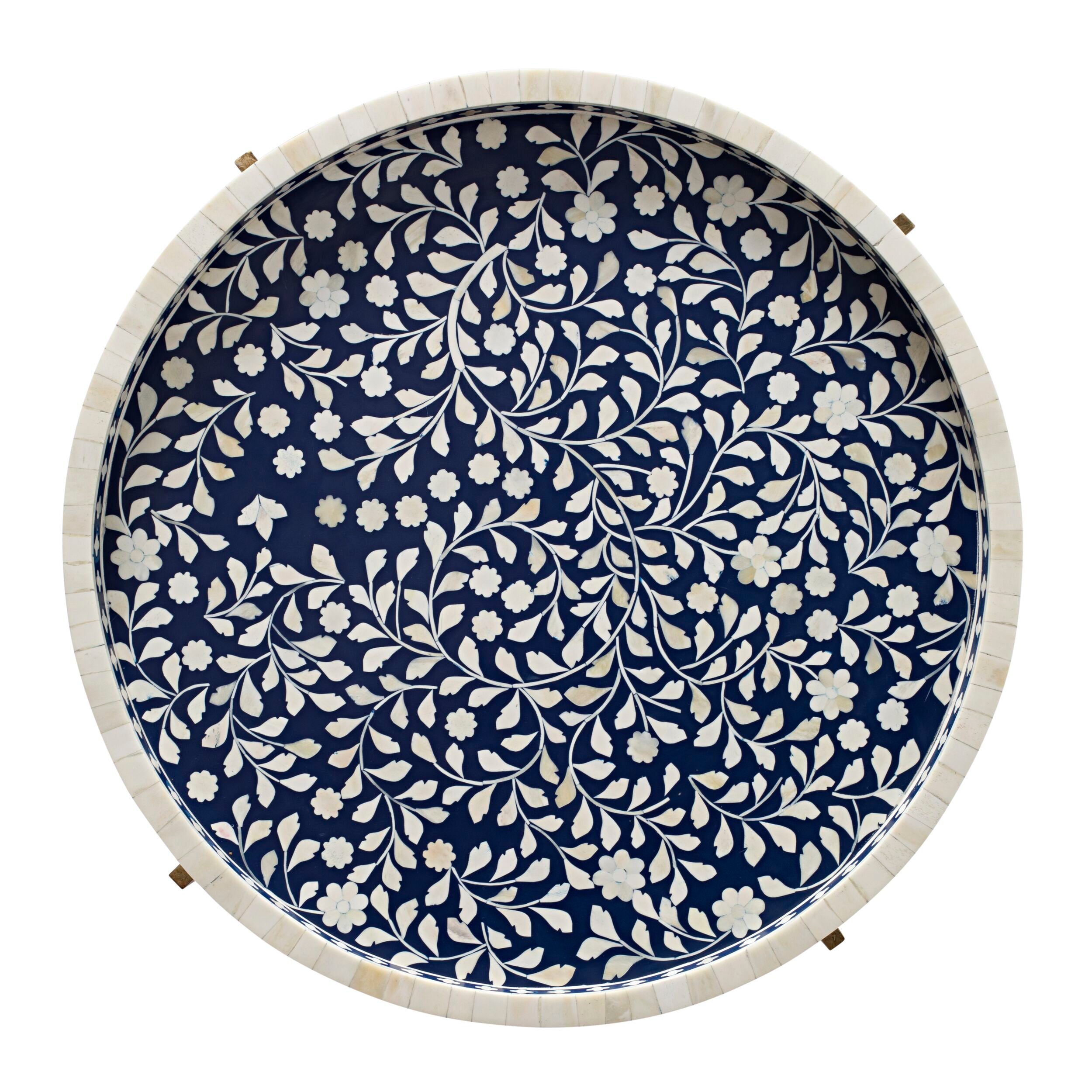 Exquisite Blue and Gold Bone Inlay Round Coffee Table - 41cm Handcrafted Home Decor for Living Room, Lounge & Office