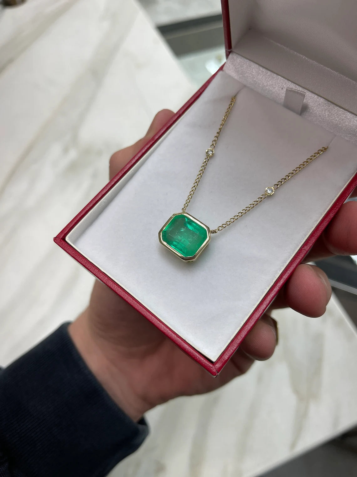 8.35tcw Large Colombian Emerald Cut Solitaire Statement Necklace in 14K Gold - Elegant Jewelry for Weddings, Parties & Special Occasions