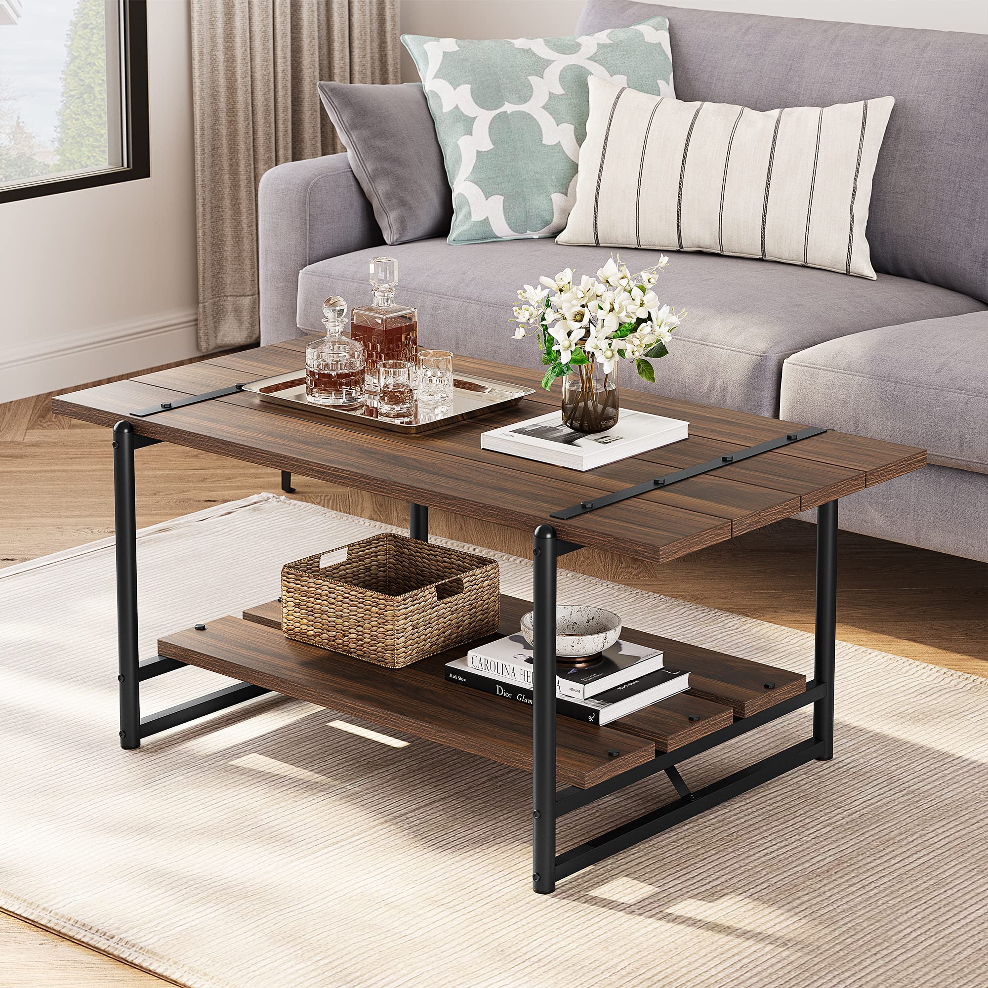 2-Tier Farmhouse 41'' Large Gray Wood Coffee Table with Storage Shelf - Modern Rustic Metal Rectangle Center Table for Living Room, Home Office - Easy Assembly (Walnut Brown) - Perfect for Small Spaces, Family Gatherings & Cozy Home Decor