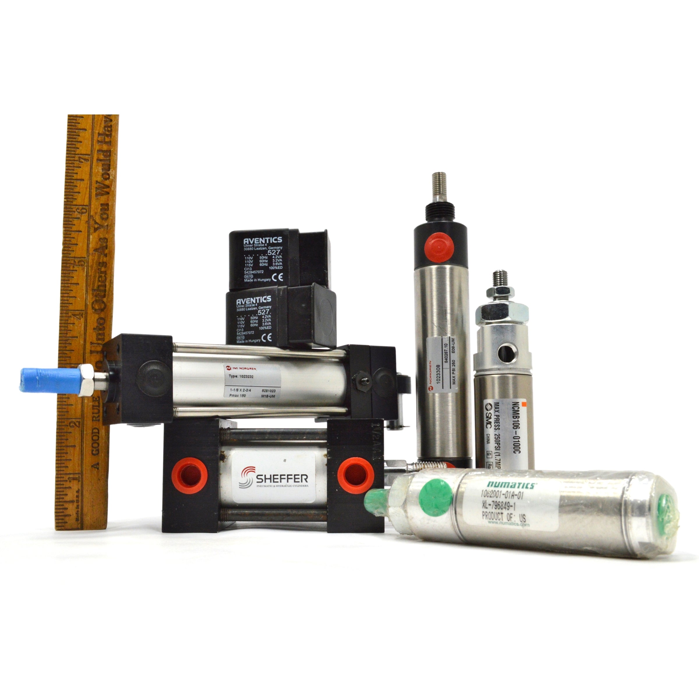 New Pneumatic Cylinder Set of 5 Air Cylinders with 2 Valves - Norgren SMC Numatics Compatible for Industrial Automation & Machinery Applications