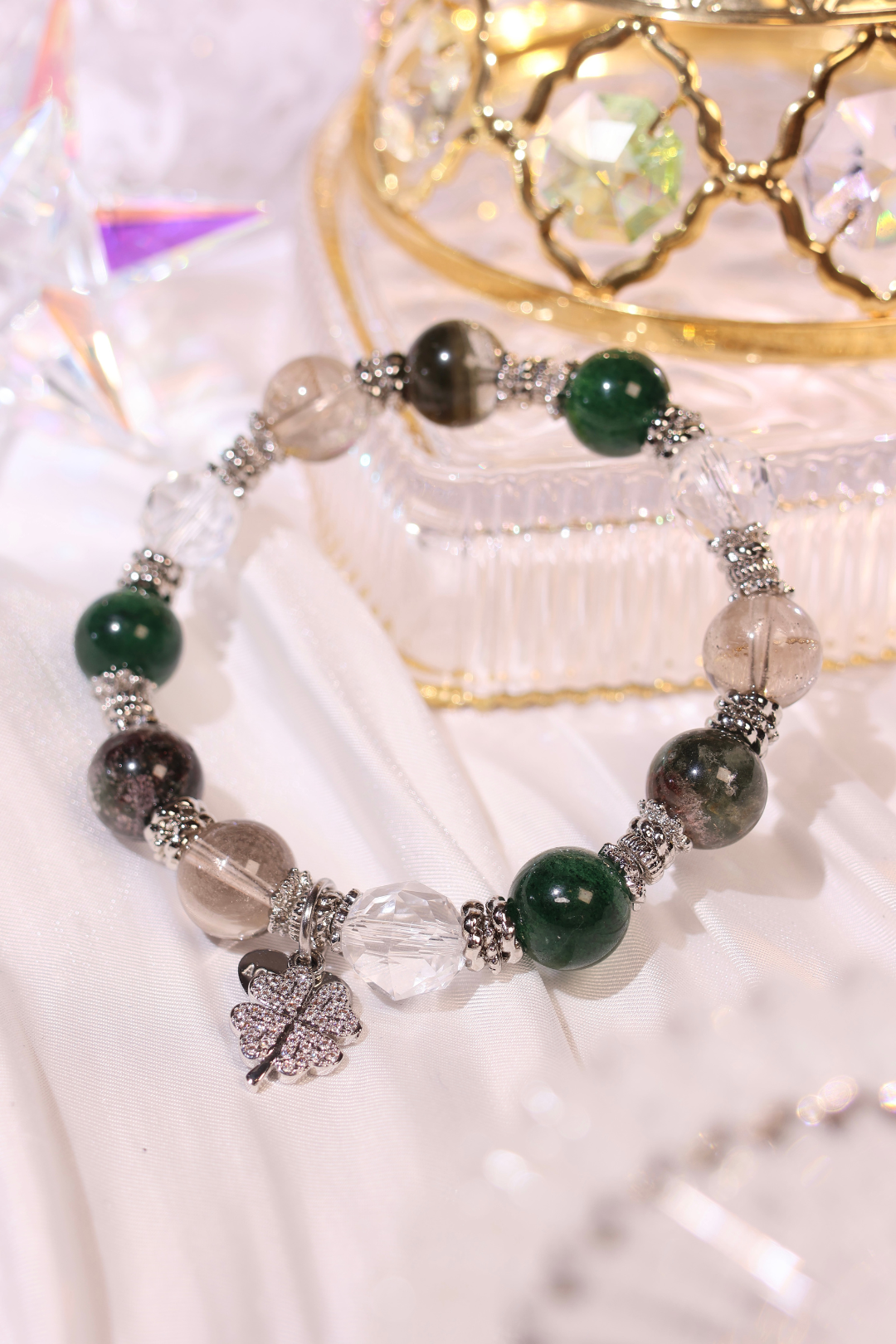 INTENTION Glam 10mm Health & Wealth Bracelet - Elegant Crystal Beaded Stretch Bracelet for Women, Positive Energy Jewelry for Good Luck, Success & Wellbeing | Perfect for Meditation, Yoga, Gifting & Everyday Wear