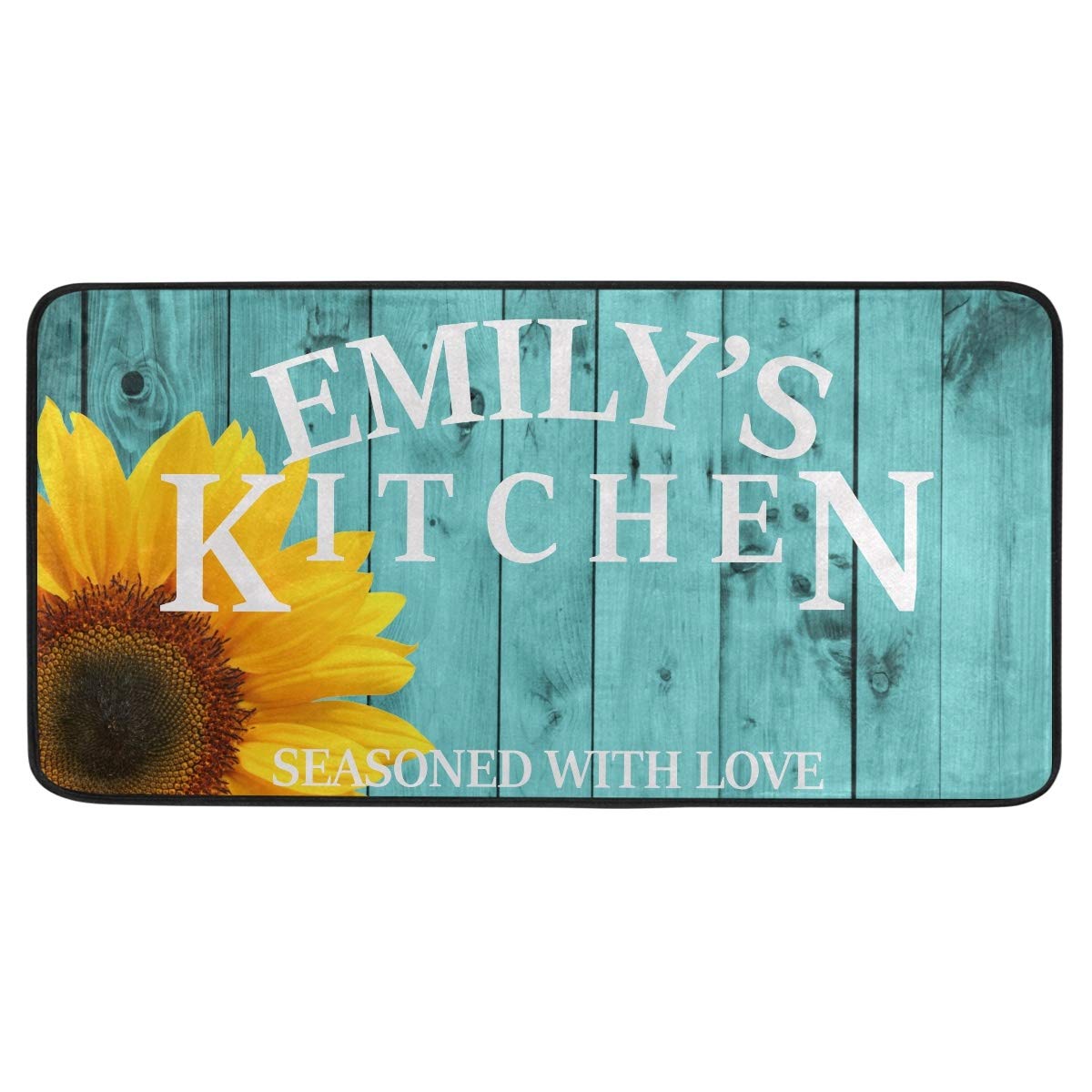 Emelivor Custom Kitchen Rug - Washable Non-Slip Anti-Fatigue Floor Mat with Teal Sunflower Design, Personalized Home Decor for Kitchen, Dining Room & Entryway - Perfect Gift for Housewarming & Holidays