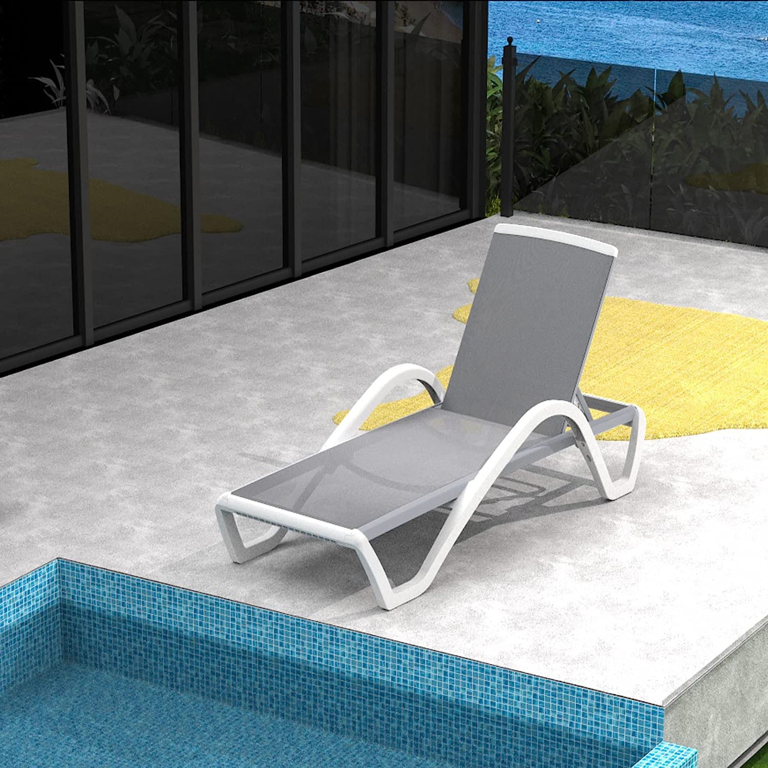 **Domi Patio Chaise Lounge Chair - Adjustable Backrest Outdoor Sunbathing Chair, Lightweight Aluminum Frame with Polypropylene Webbing, Perfect for Beach, Poolside, Yard, or Balcony Relaxation (Grey, 1 Chair with Armrests)**