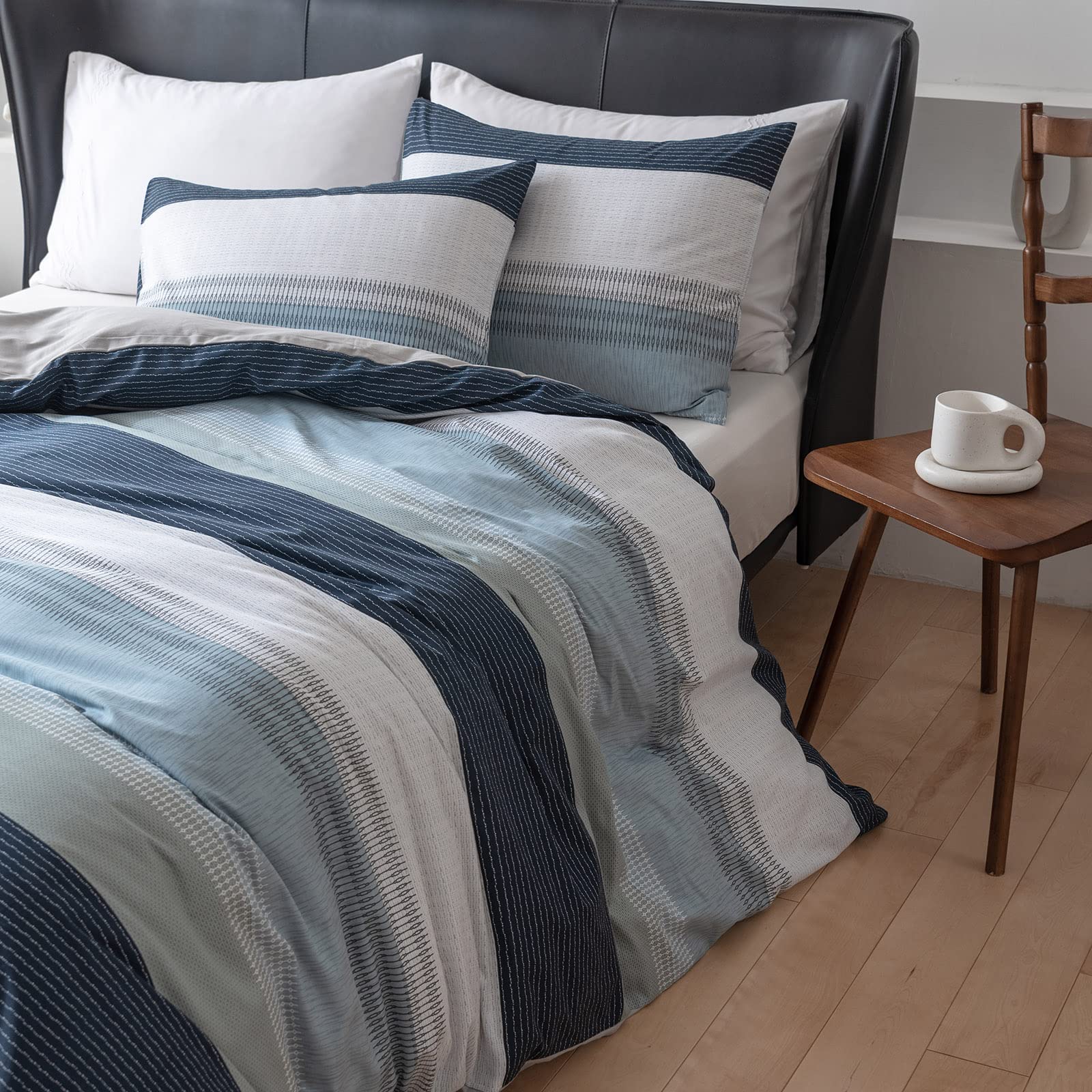 EAVD 100% Cotton Twin Duvet Cover Set - White Gray Blue Striped Modern Geometric Bedding for Boys & Girls | Soft Breathable Comforter Cover with Zipper Closure | Perfect for Kids' Rooms, Guest Bedrooms & Dorm Decor