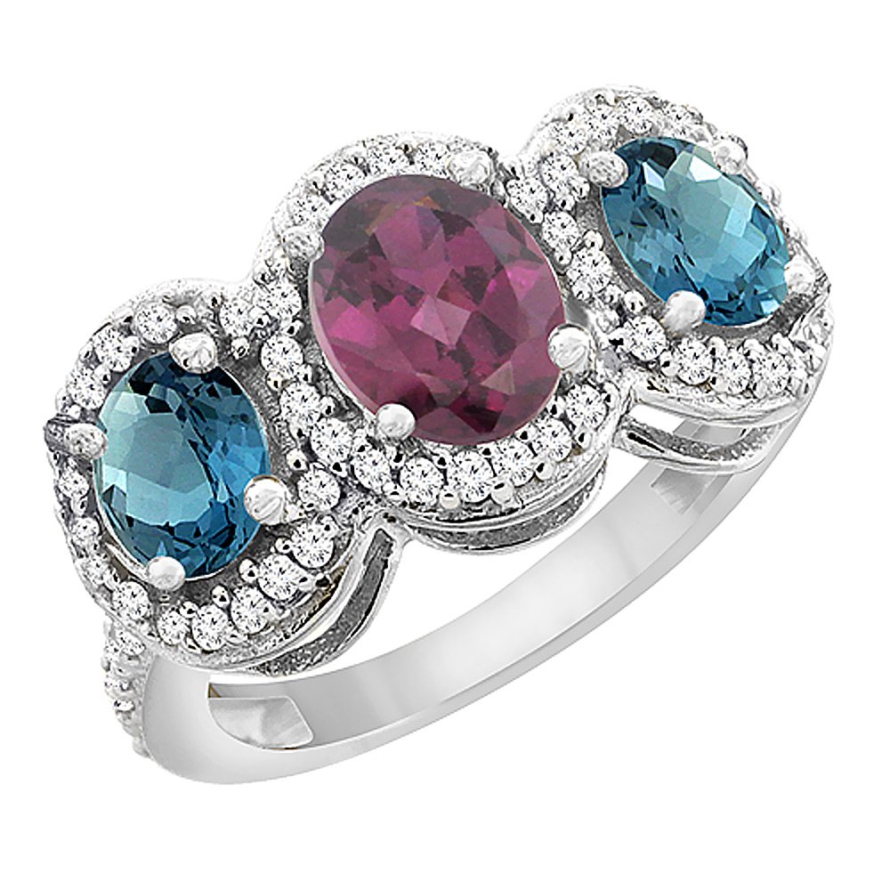 14K White Gold Natural Rhodolite & London Blue Topaz 3-Stone Ring with Oval Diamond Accent - Sizes 5-10 | Elegant Engagement, Anniversary & Gift Jewelry for Women