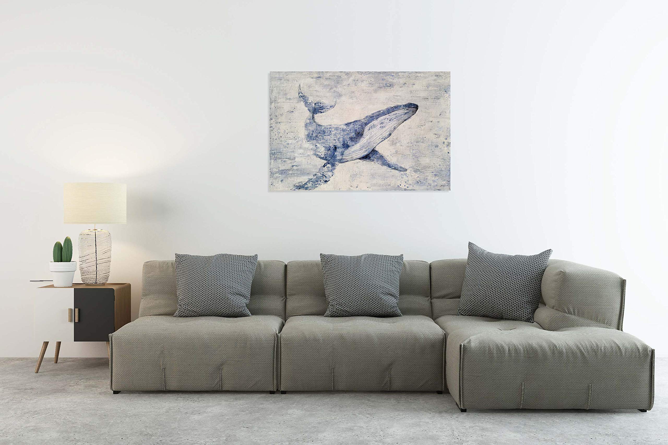 Hand Painted Blue and White Abstract Whale Canvas Wall Art - Modern Coastal Animal Painting for Living Room, Bedroom, Bathroom Decor | Perfect for Beach House, Nursery & Office Wall Decoration