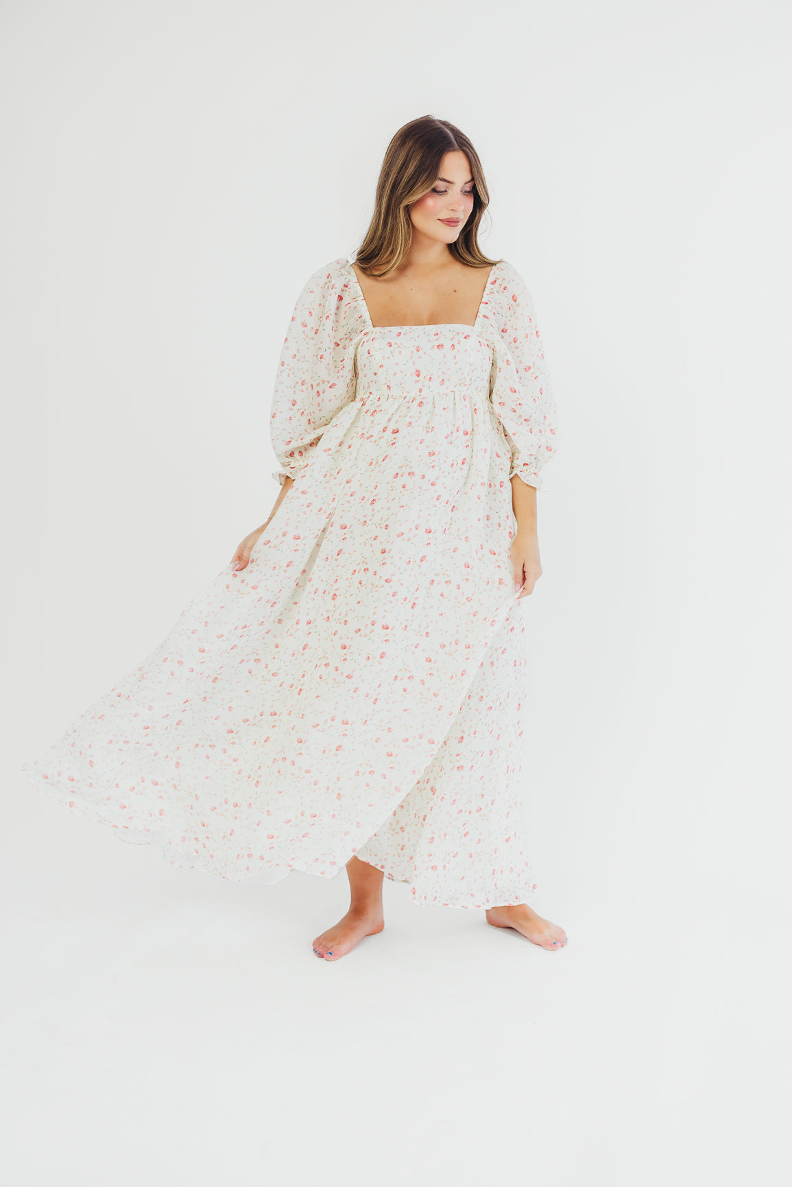 Elegant Ivory Floral Smocked Maxi Dress for Women - Bump Friendly Maternity & Inclusive Sizing (S-2XL) | Perfect for Weddings, Beach Vacations & Summer Parties