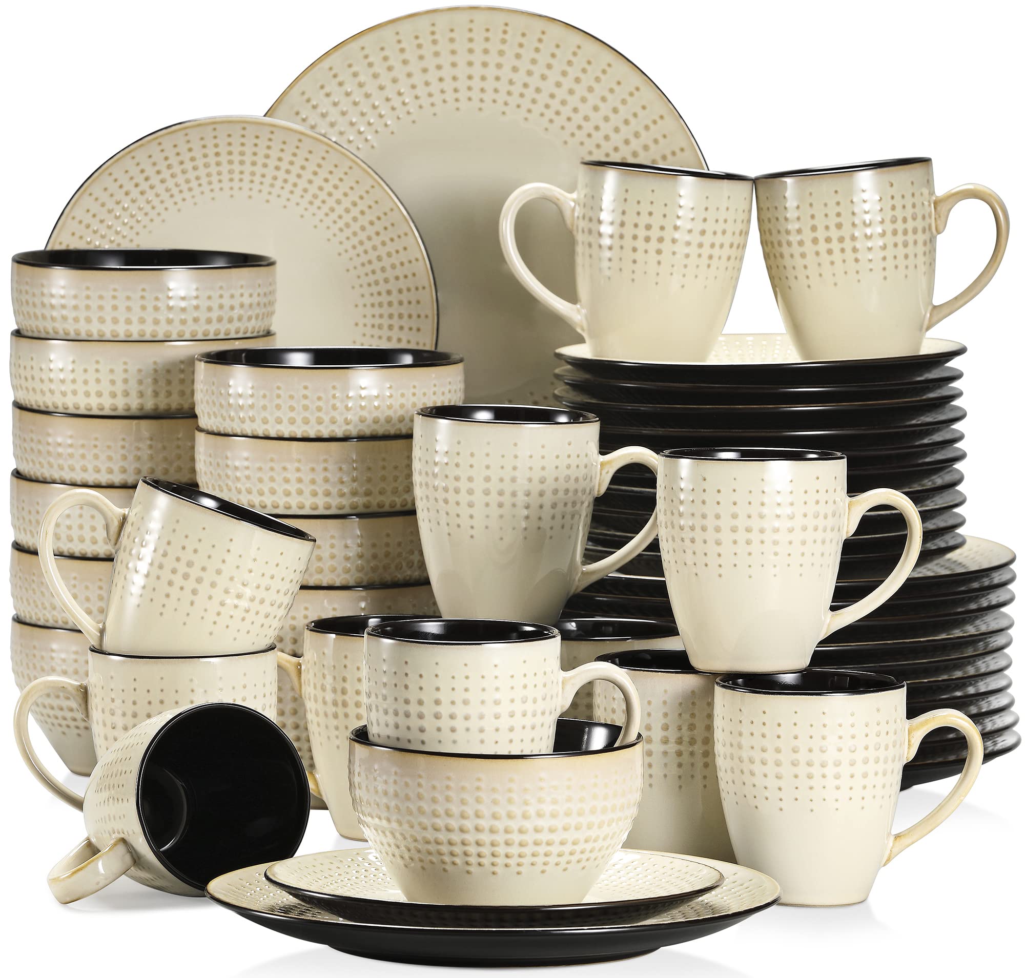Vancasso GUTO Embossed 48-Piece Stoneware Dinner Set - Vintage Beige Dinner Plates, Dessert Plates, Bowls & Mugs for 12 - Elegant Tableware for Family Gatherings, Dinner Parties & Restaurant Use