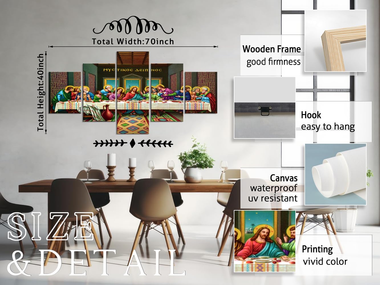 YOUHONG 5 Piece Jesus Wall Art Set - Da Vinci's The Last Supper Oil Painting Reproduction on Canvas, Stretched & Ready to Hang (70