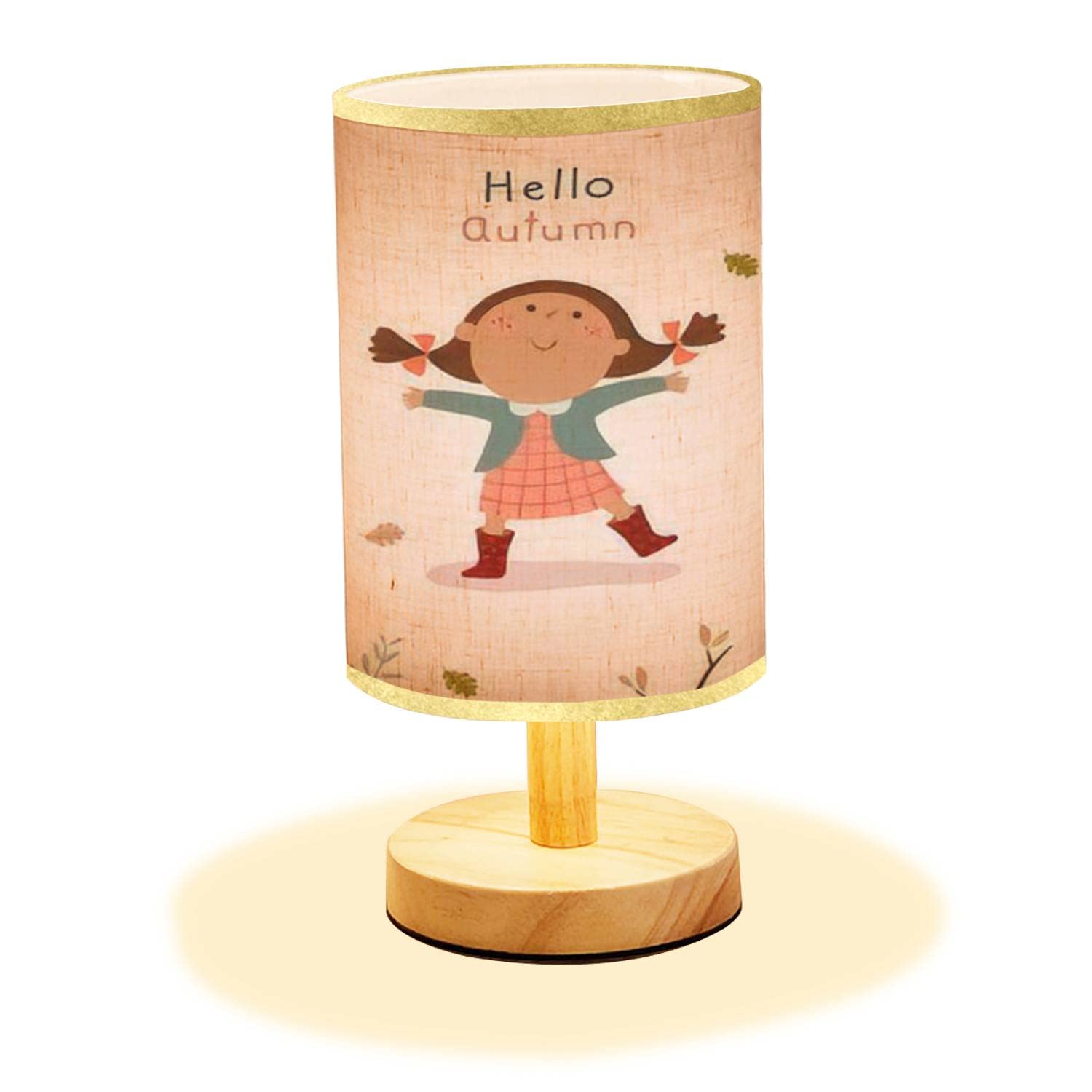 Happy Little Girl Playing Outdoors in Autumn - Minimalist Wood Nightstand Lamp with Flaxen Fabric Shade for Bedroom & Living Room | Cozy Reading & Relaxing Ambience Light