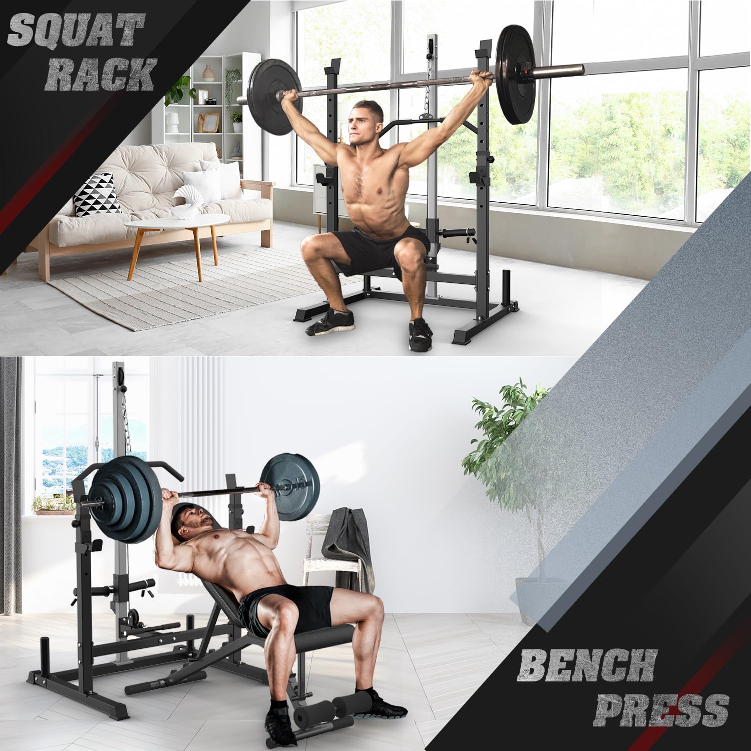 Adjustable Power Rack with LAT Pulldown & Pulley System - Multi-Functional Squat Cage for Home Gym - Perfect for Strength Training, Weightlifting & CrossFit Workouts