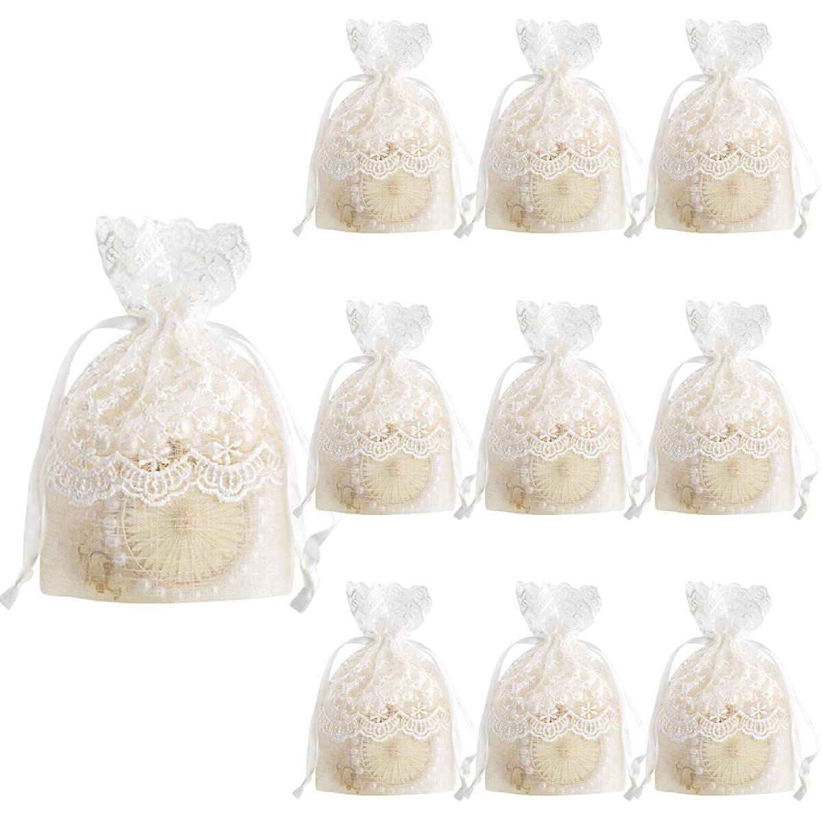 Snadulor 10 Pcs White Lace Organza Gift Bags - 3.9 x 5.5 Inch Sheer Wedding Favor Bags for Candy, Party Favors, Bridal Shower & Birthday Gifts - Perfect for Wedding Decorations, Baby Showers & Holiday Gift Wrapping