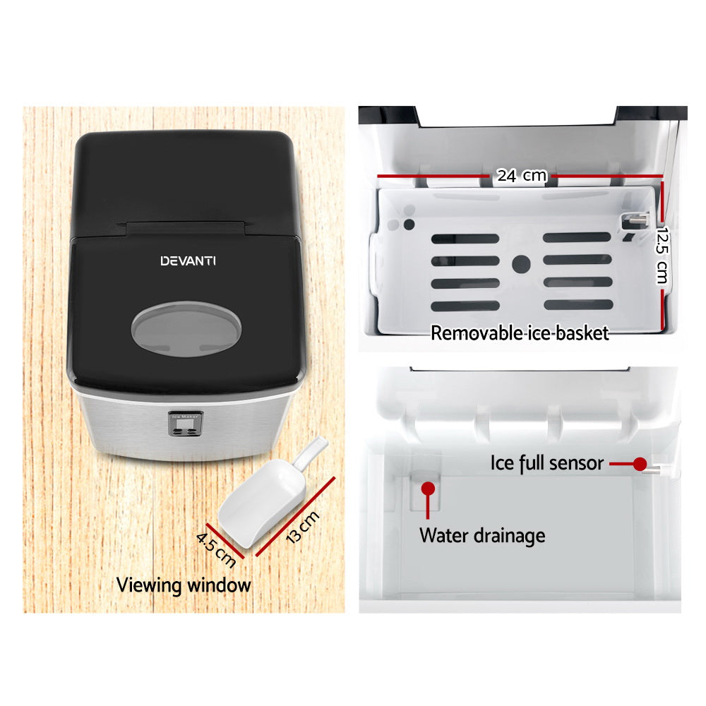 Devanti 3.2L Stainless Steel Portable Ice Maker Machine - Fast 26lbs Daily Output, Perfect for Home, Office, Parties & Outdoor Camping