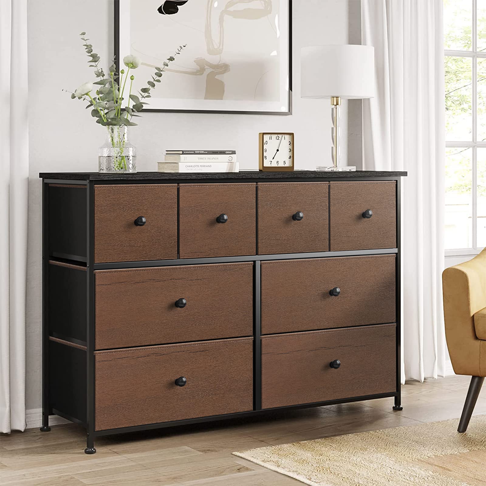 REAHOME 8-Drawer Dresser for Bedroom - Faux Leather Storage Chest with Wooden Top, Large Capacity Organizer Tower with Steel Frame - Perfect for Living Room, Entryway, Home Office (Espresso Brown) - Ideal for Clothes, Towels & Home Organization