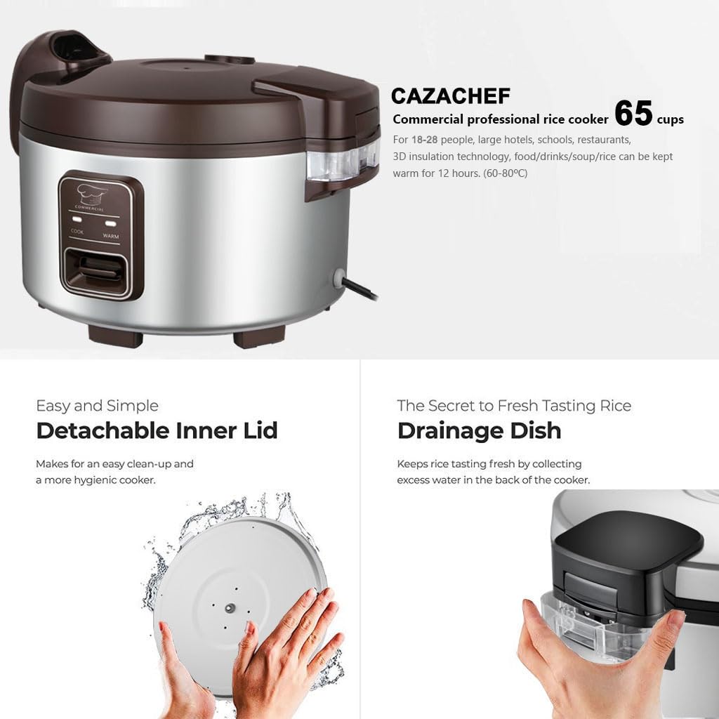 13.8 QT Large Commercial Rice Cooker - 65 Cups Cooked, 32 Cups Uncooked - Electric Rice Warmer for 18-28 People with One-Touch Operation - Perfect for Restaurants, Catering & Large Family Gatherings