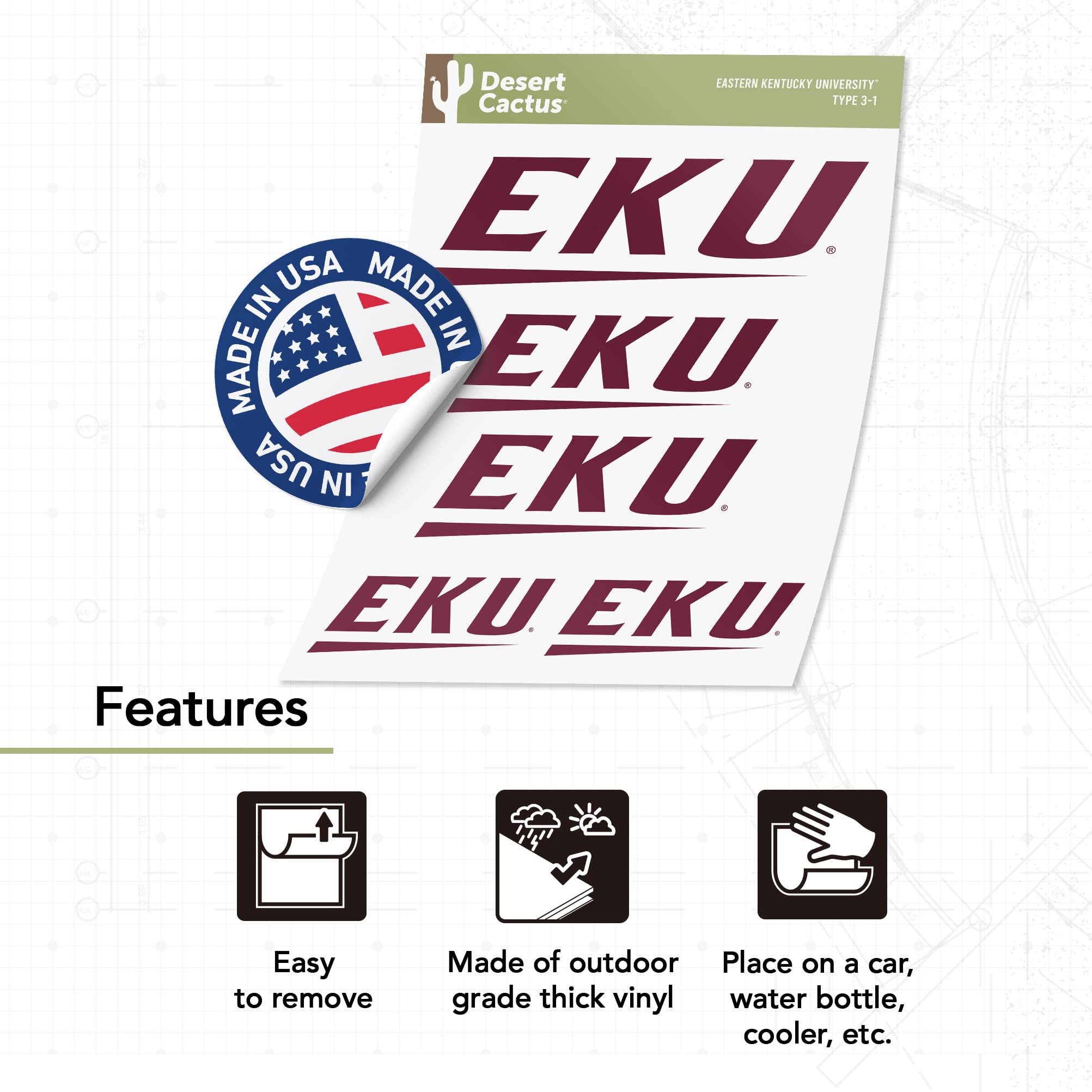 EKU Colonels Desert Cactus Vinyl Decals - Waterproof Stickers for Laptop, Water Bottle, Car & Scrapbook - Eastern Kentucky University Fan Gear - Perfect for College Dorms, Game Days & School Spirit