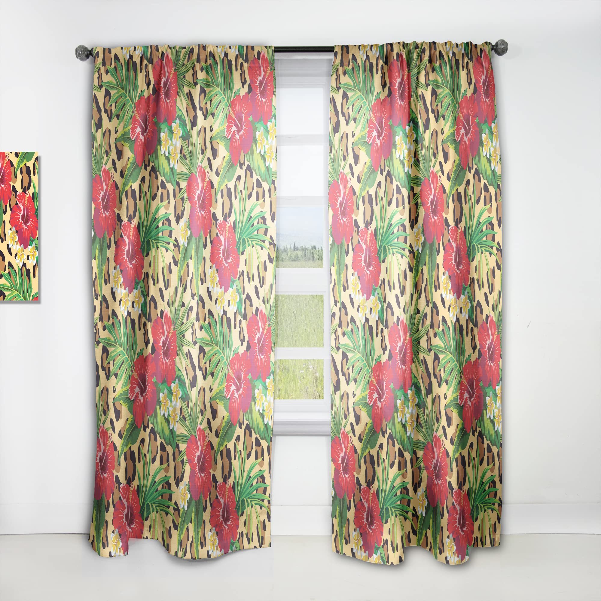 Tropical Hibiscus & Plumeria Flower Curtains with Palm Leaves - Thermal Insulated Blackout Drapes for Bedroom & Living Room - Single Panel 52x90 Inches - Perfect for Beach House Decor, Vacation Rental, or Tropical Theme Room