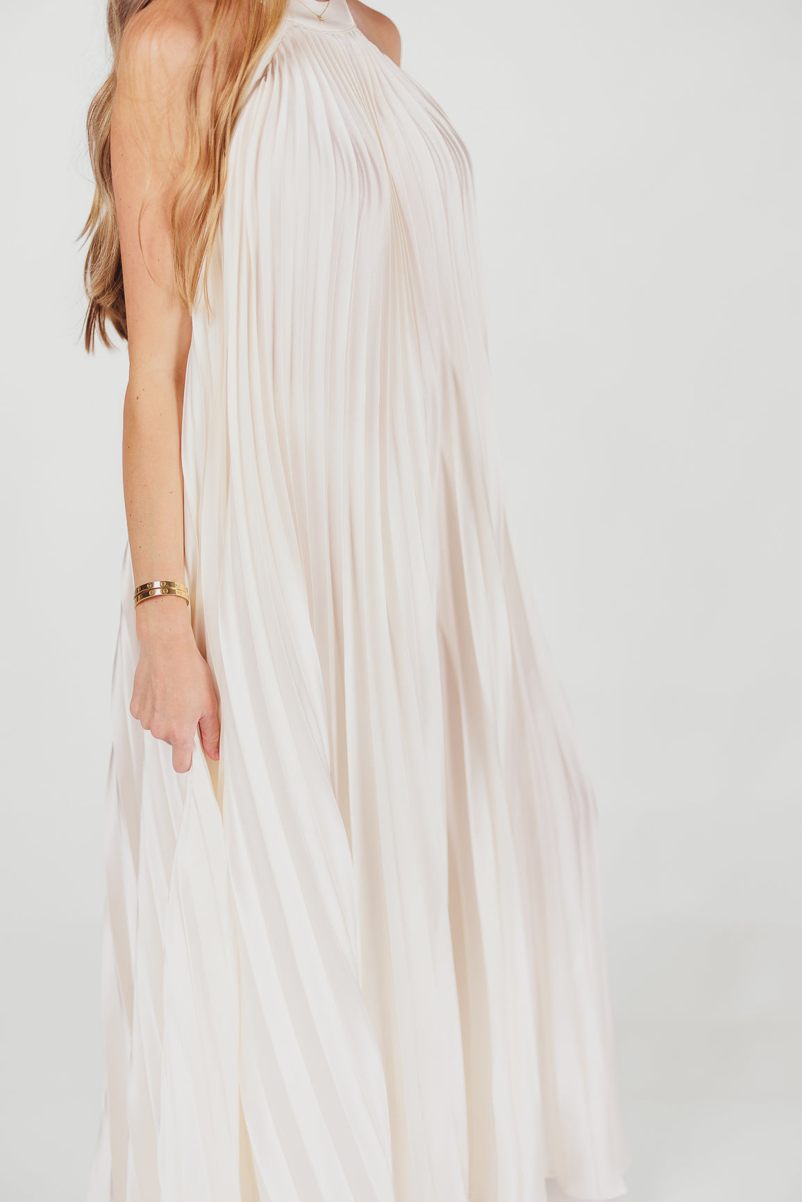 Maren Pleated Halter Maxi Dress in Cream | Bump Friendly Maternity Dress | Perfect for Baby Showers, Beach Vacations & Summer Weddings