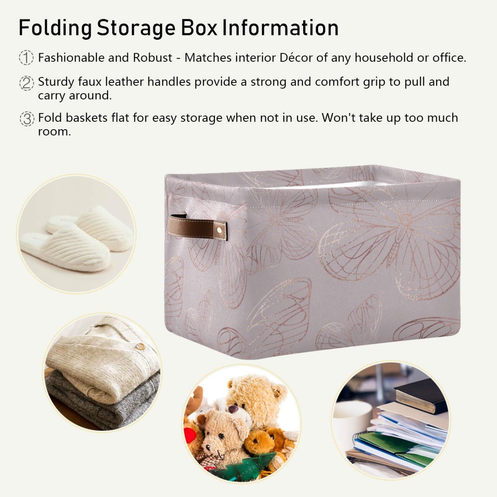 Butterfly Rose Gold Collapsible Storage Basket with PU Handles - Waterproof Organizer for Nursery, Laundry, Bathroom & Closet - 2 Pack Foldable Baskets for Home Organization