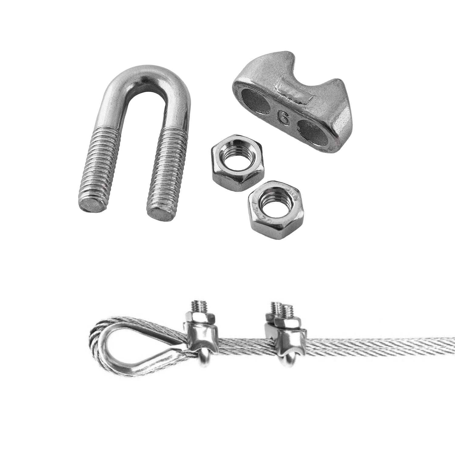 HSTECH 12PCS 1/4 Inch M6 304 Stainless Steel Wire Rope Cable Clamp Clips - Heavy Duty for Rigging, Guardrails, Load Securing, Banner & Flag Hanging - Outdoor & Marine Use