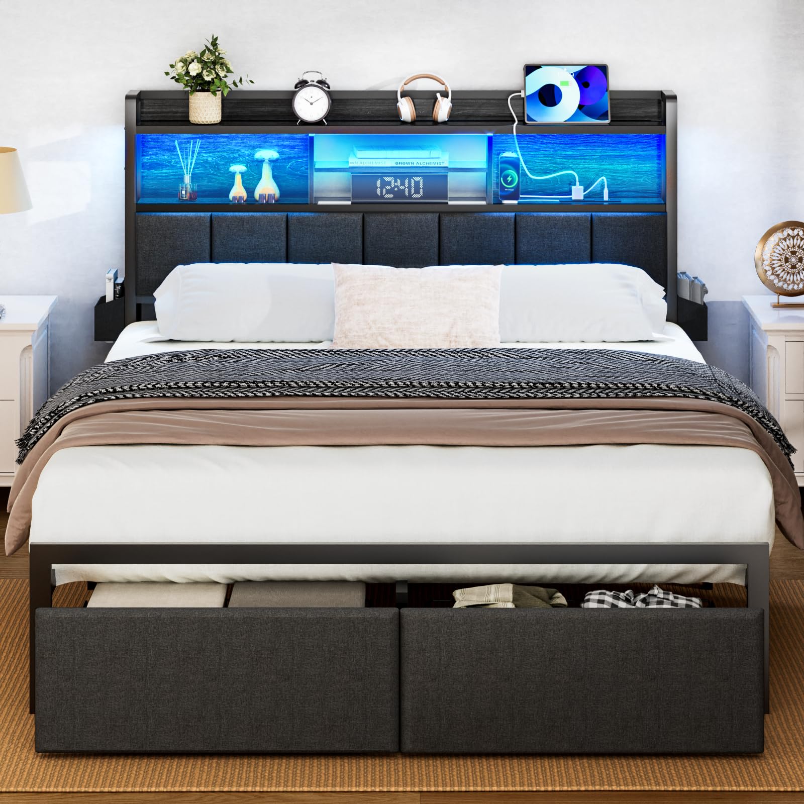 Furnulem Queen Size Bed Frame with Storage Drawers & Upholstered Headboard - LED Lights, USB Charging Station, Noise-Free Metal Platform Bed - No Box Spring Needed (Black) | Perfect for Small Bedrooms, Guest Rooms & Modern Apartments