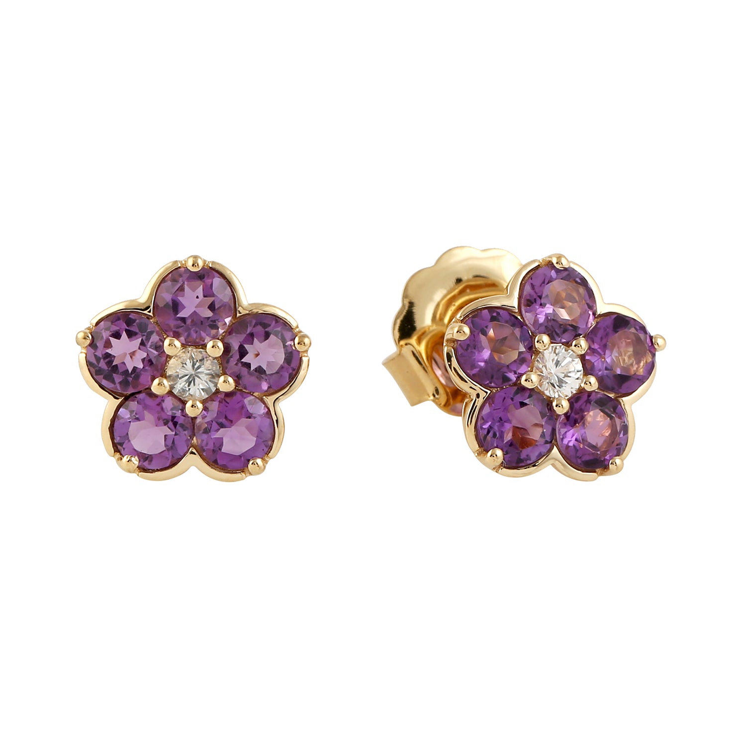 18K Yellow Gold Prong Amethyst & White Sapphire Flower Stud Earrings for Women | Elegant Dainty Jewelry for Weddings, Parties & Everyday Wear