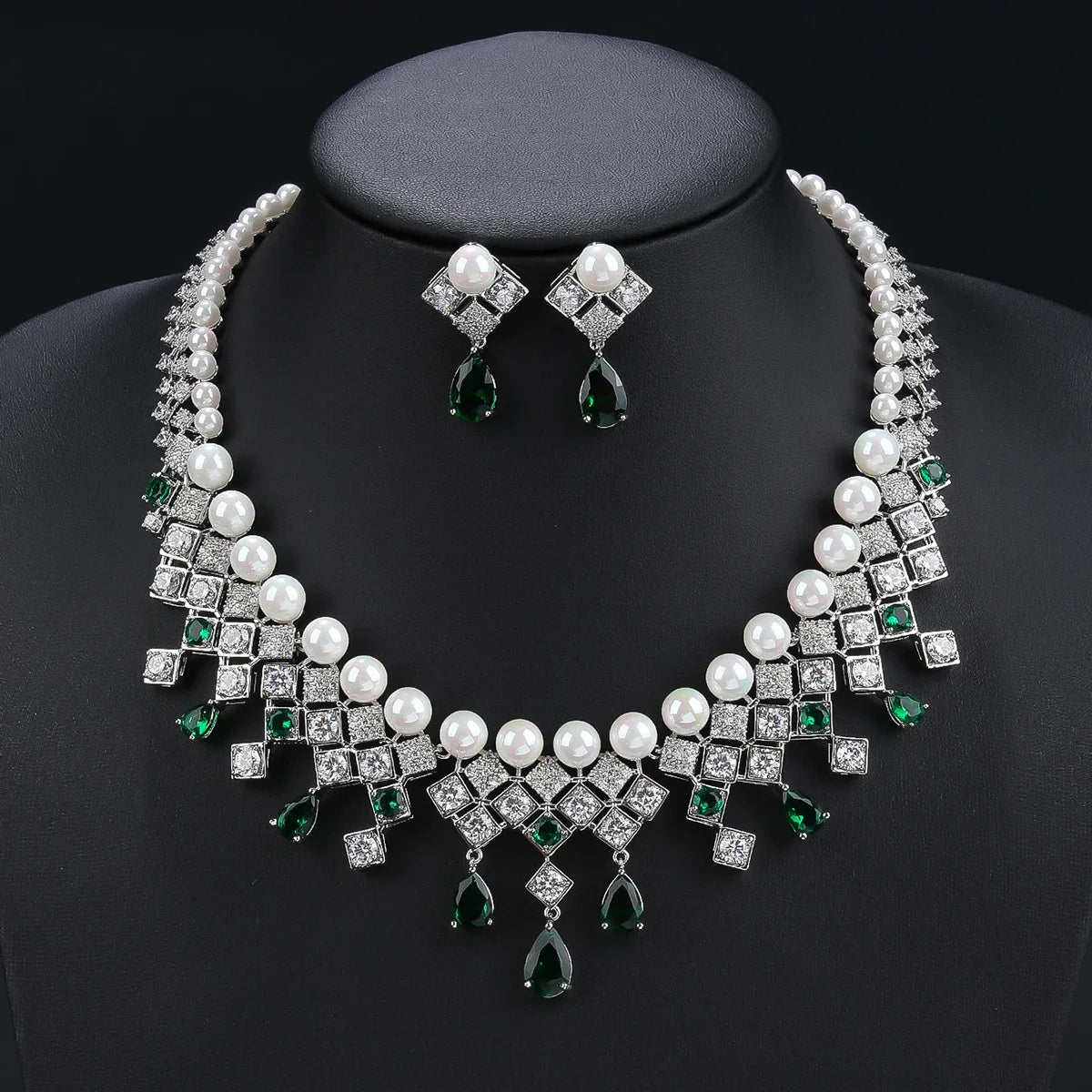 Luxury 2Pcs Pearl & Cubic Zirconia Necklace Earrings Set for Women - White, Red, Blue Jewelry for Wedding, Party & Special Occasions | Elegant Bridal & Evening Wear Accessories
