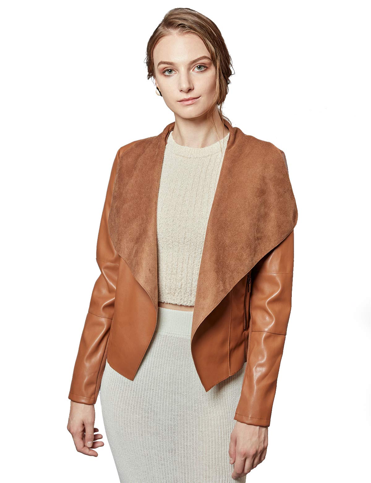 Women's Faux Leather Jacket Slim Fit Open Front Lapel Blazer - Stylish Outerwear for Work, Office & Evening Outings