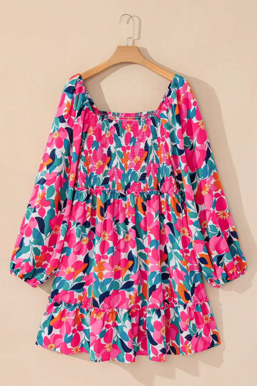 Plus Size Floral Print Smocked Square Neck Balloon Sleeve Dress for Women | Summer Wedding Guest Dress & Casual Party Wear