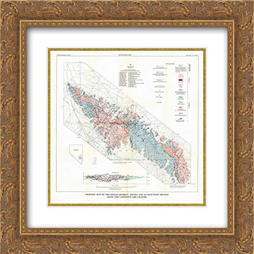 USGS 28x29 Gold Ornate Frame & Double Matted Museum Art Print - Pioche District Castleton Ore Channel NV Mines Map - Vintage Mining Decor for Office & Home