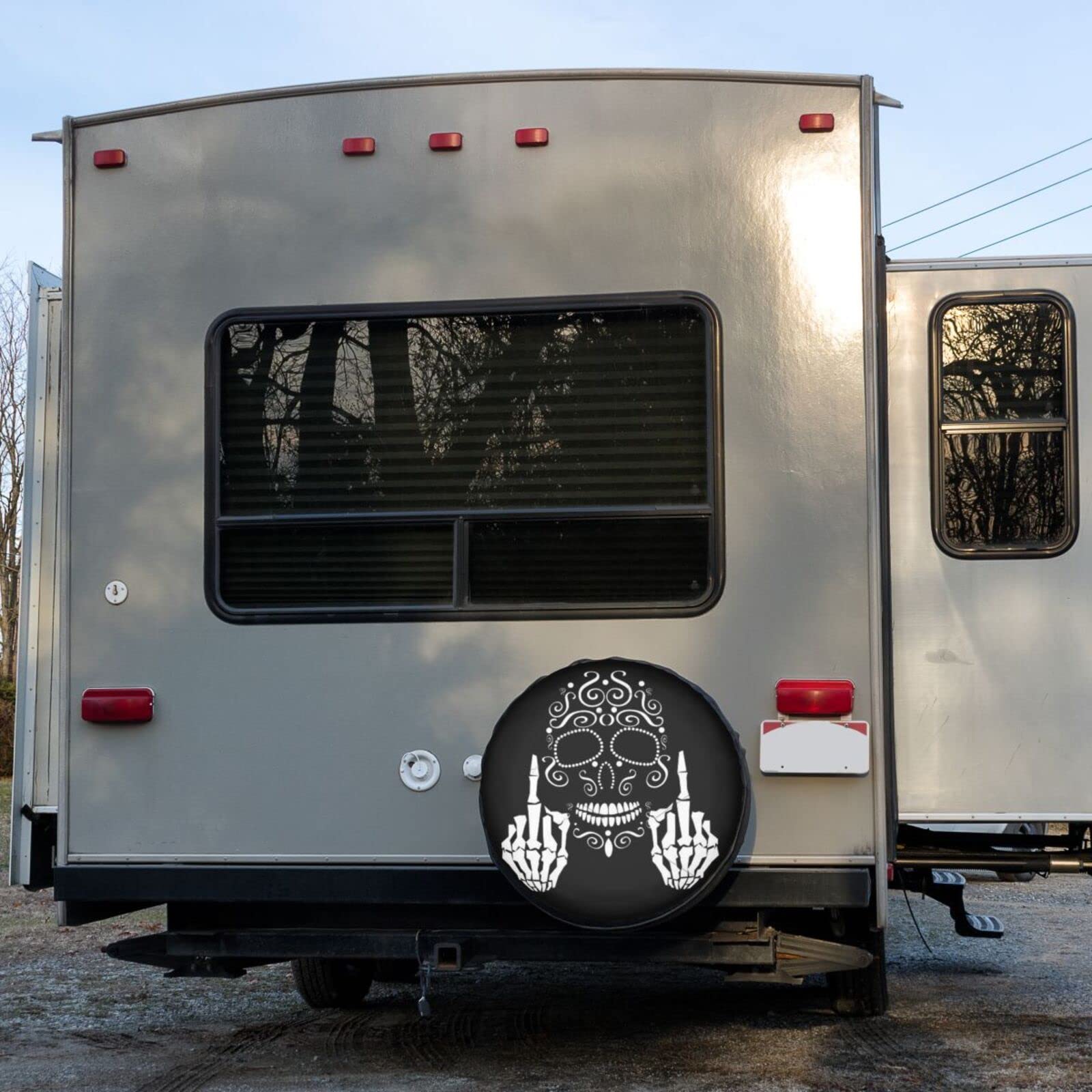 Black & White Skull Spare Tire Cover - Dustproof Wheel Protector for Trailers, RVs, SUVs (Fits 14-17 Inch Tires) - Perfect for Off-Road Adventures & Camping Trips