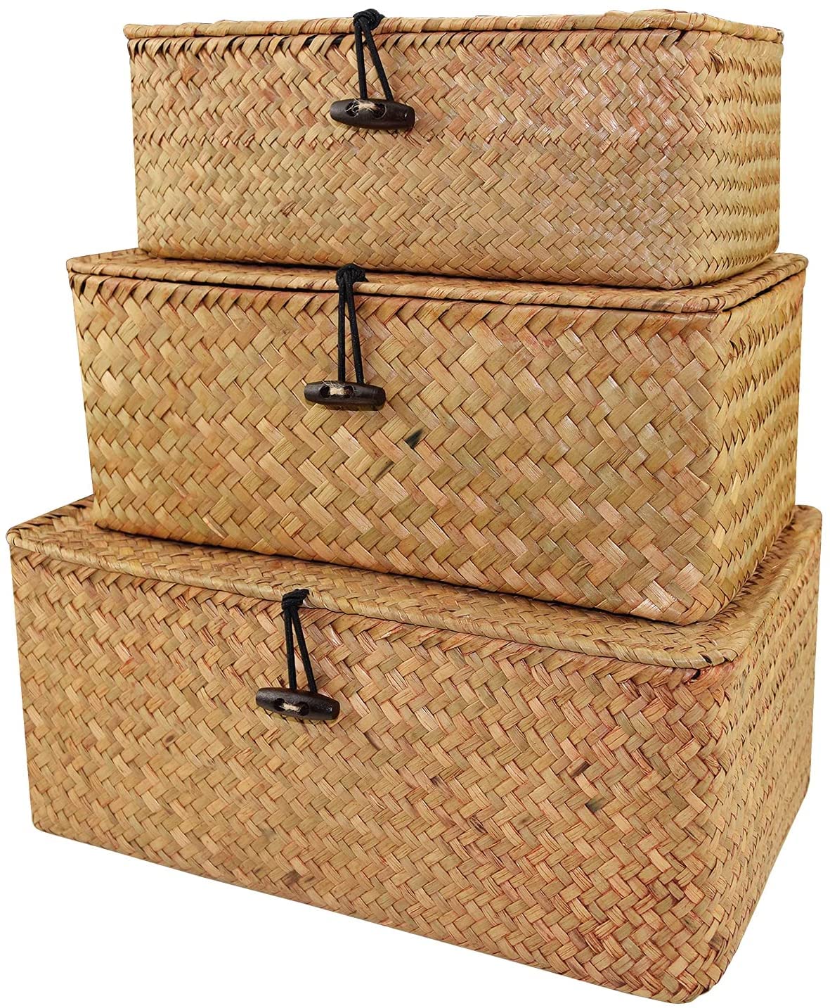 Woven Wicker Storage Bins with Lids - Handwoven Rattan Desktop Storage Box, Rectangular Household Organizer Basket for Shelf, Wardrobe & Closet - Set of 3 (Small, Medium, Large) | Perfect for Bedroom, Bathroom & Office Organization