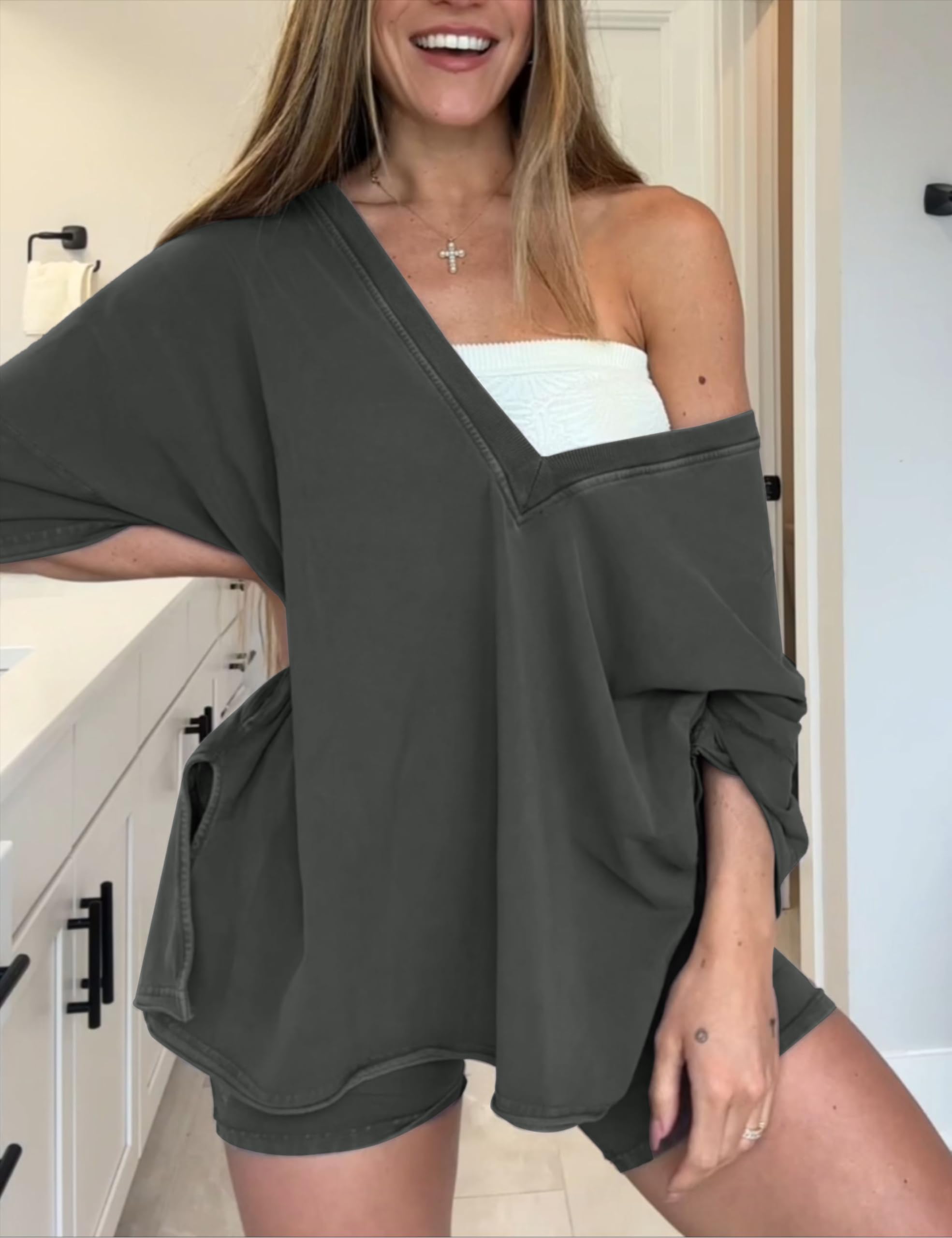 Women's 2-Piece Outfit Set - Oversized V-Neck Workout T-Shirt & Biker Shorts Matching Set for Summer | Gym, Yoga, Running & Casual Wear