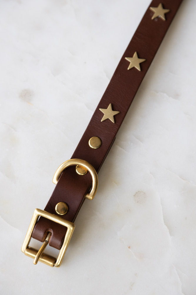 Premium Brown Leather Dog Collar with Star Decor - Adjustable Sizes (XS to XL) for Small, Medium & Large Dogs - Perfect for Daily Walks, Training & Fashion Accessories