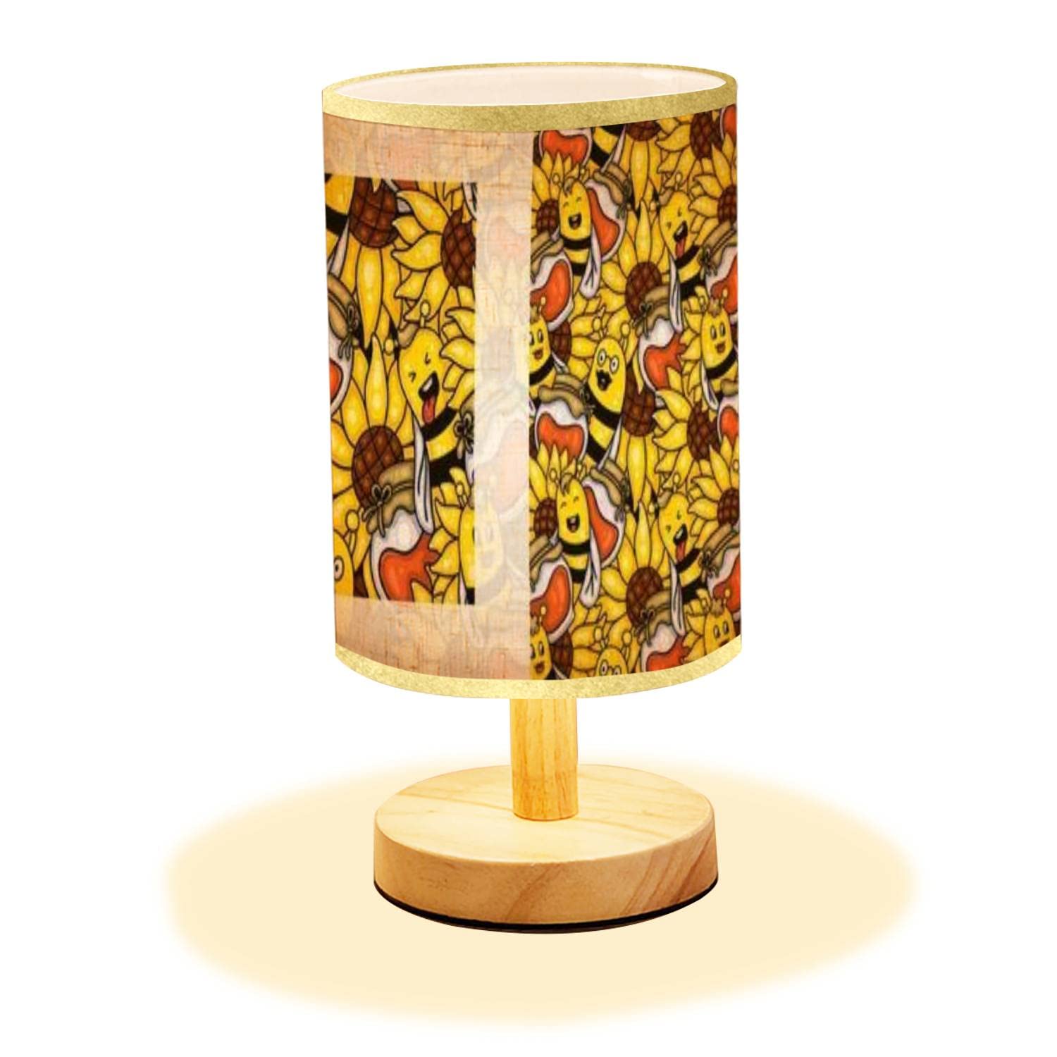 Minimalist Wooden Nightstand Lamp with Sunflower & Honey Pot Doodle Design - Flaxen Fabric Shade for Bedroom, Living Room, Nursery - Warm Ambient Lighting for Reading & Relaxation