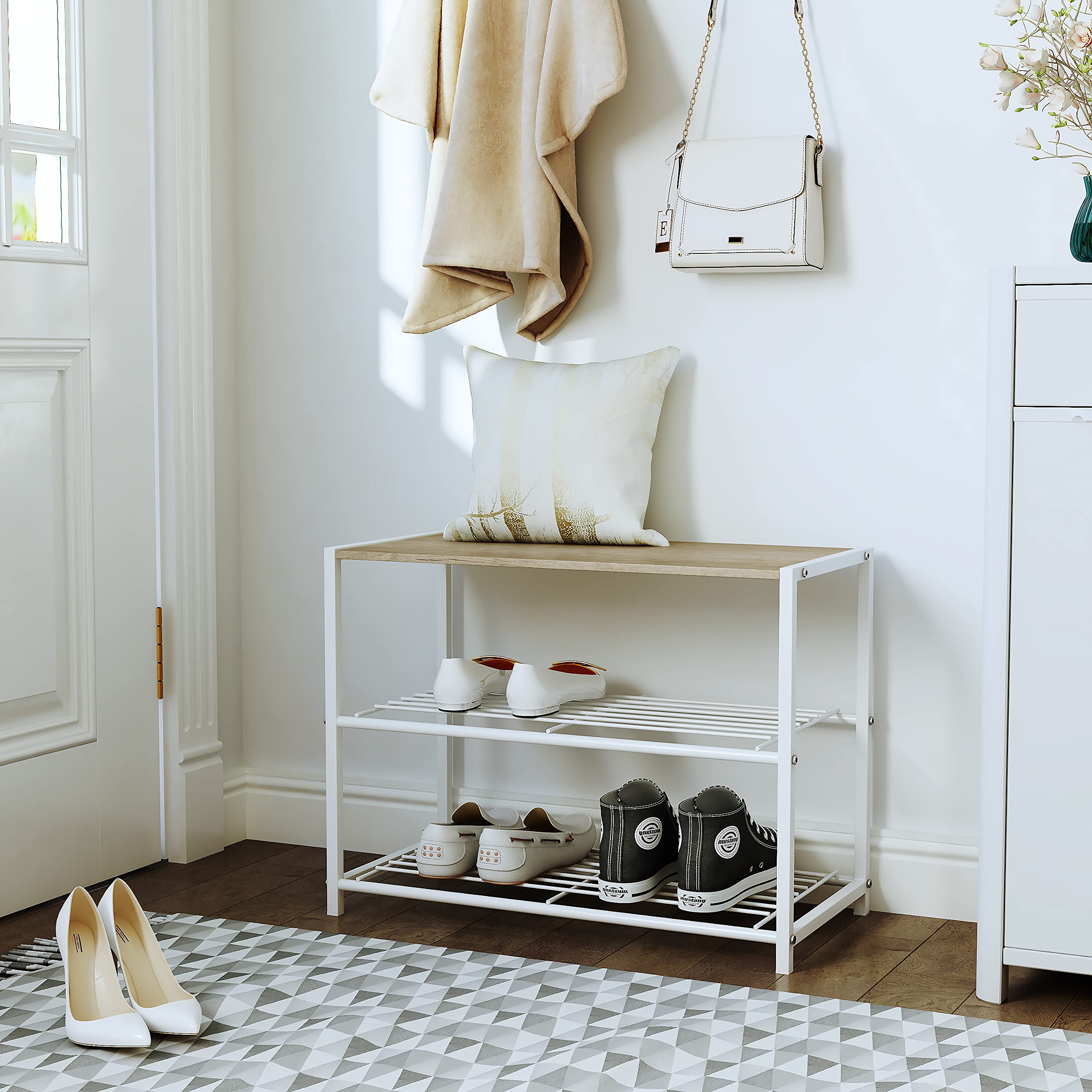 3-Tier Industrial Shoe Rack Organizer - Narrow Sturdy Metal Shoe Storage Shelf for Closet & Entryway - Space Saving Shoe Organizer for Small Spaces - White (Perfect for Apartments, Dorms & Mudrooms)