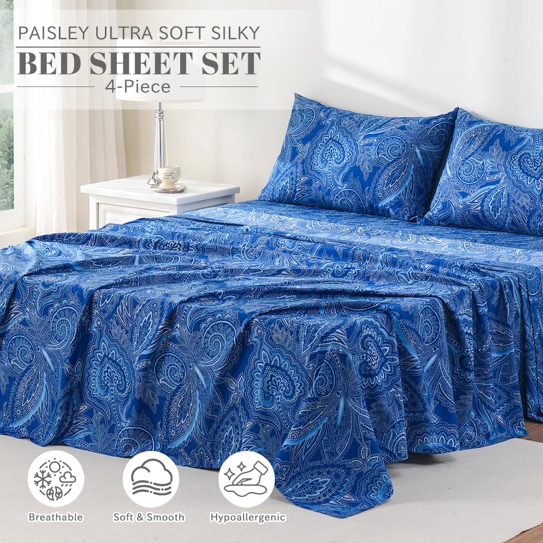 Bedlifes King Size Sheet Set - Ultra Soft & Breathable 100% Microfiber Bedding, 4-Piece Paisley Dark Navy Blue - Perfect for Luxury Bedrooms, Guest Rooms & Vacation Homes
