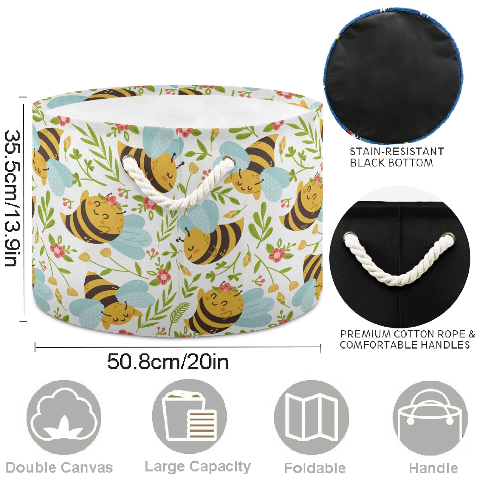 **Honey Bee Kids Seamless Pattern Cute Bumblebee Laundry Basket - Collapsible Fabric Storage Bin for Toys, Clothes & Organizing - Perfect for Nursery, Bedroom, Bathroom, Closet & Office**