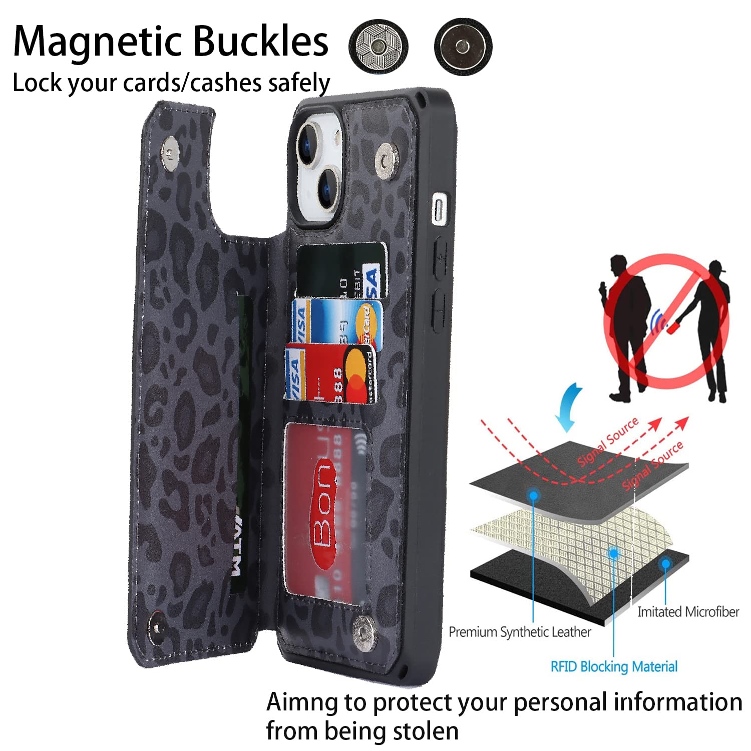 Premium Shockproof iPhone 14 Wallet Case with Card Holder & Stand - Leopard Grain Protective Cover for Women & Men (Black) | Perfect for Everyday Use, Travel & Hands-Free Viewing