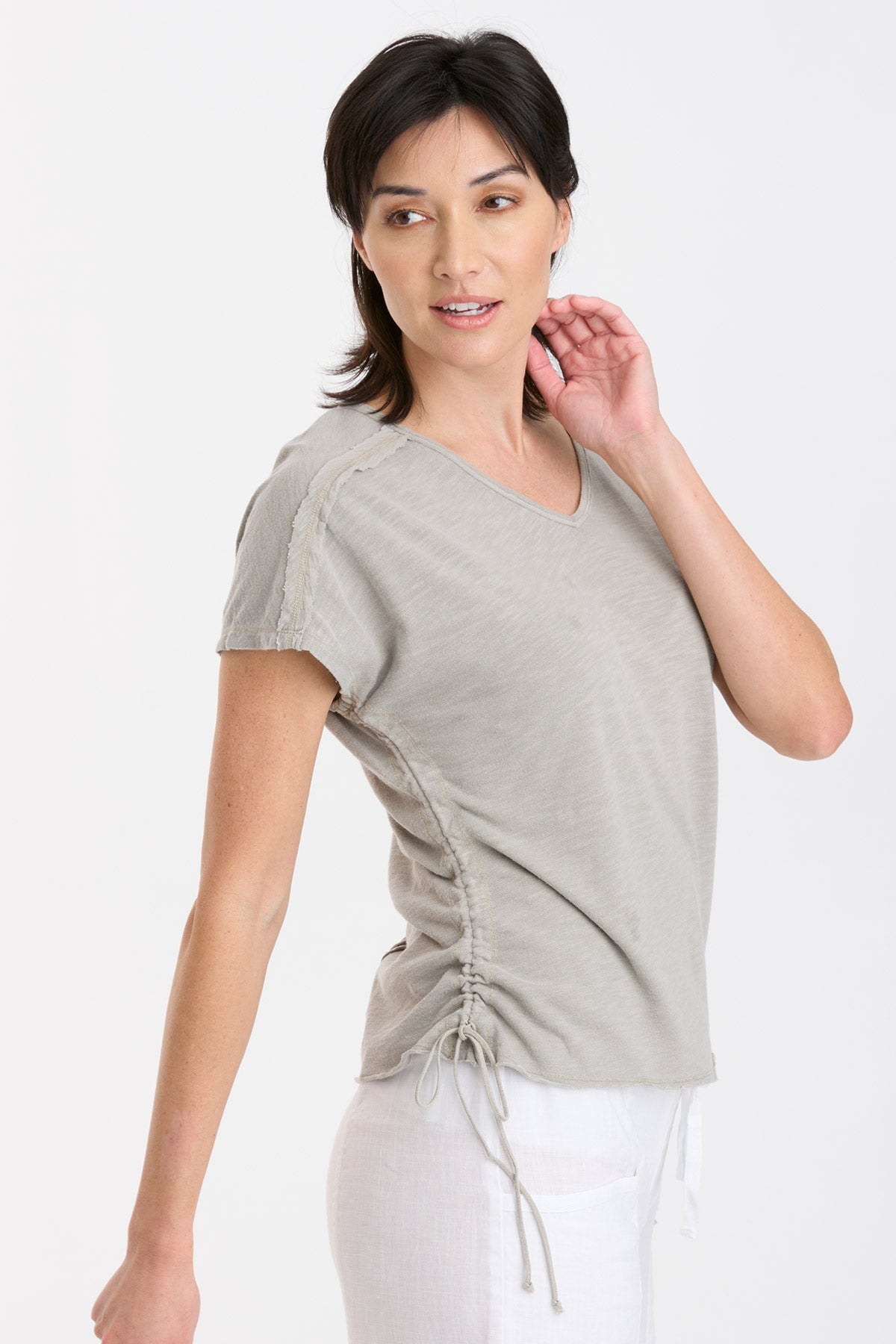 Diggory Cinched Cord V Neck Jersey Tee - Women's Slim Fit Stretch Cotton T-Shirt for Casual Wear & Layering