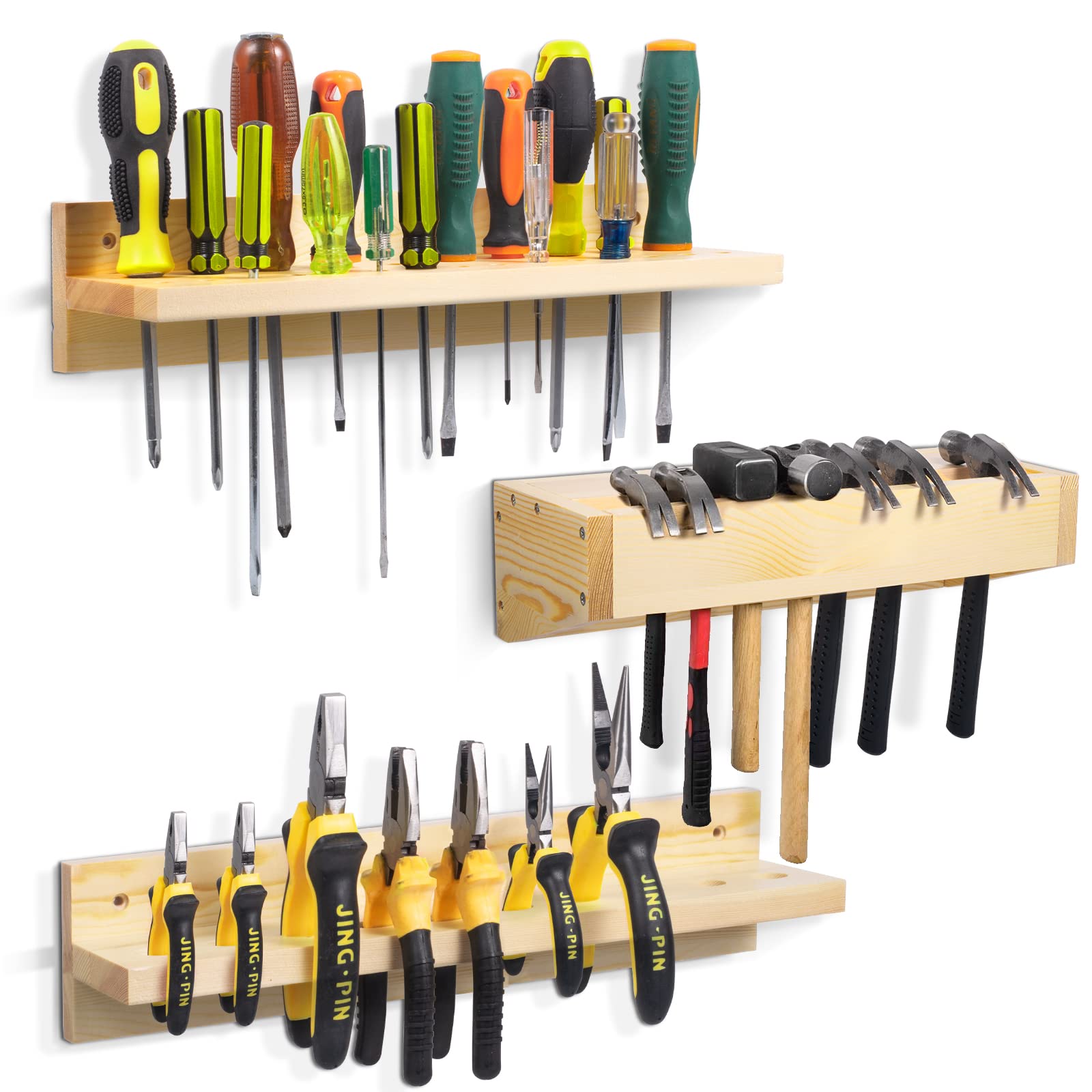 3-Pack Wooden Wall Mounted Tool Organizer Rack - Screwdriver, Hammer, Pliers Holder for Garage, Workshop & Workbench | Perfect for DIY Projects & Home Improvement Storage