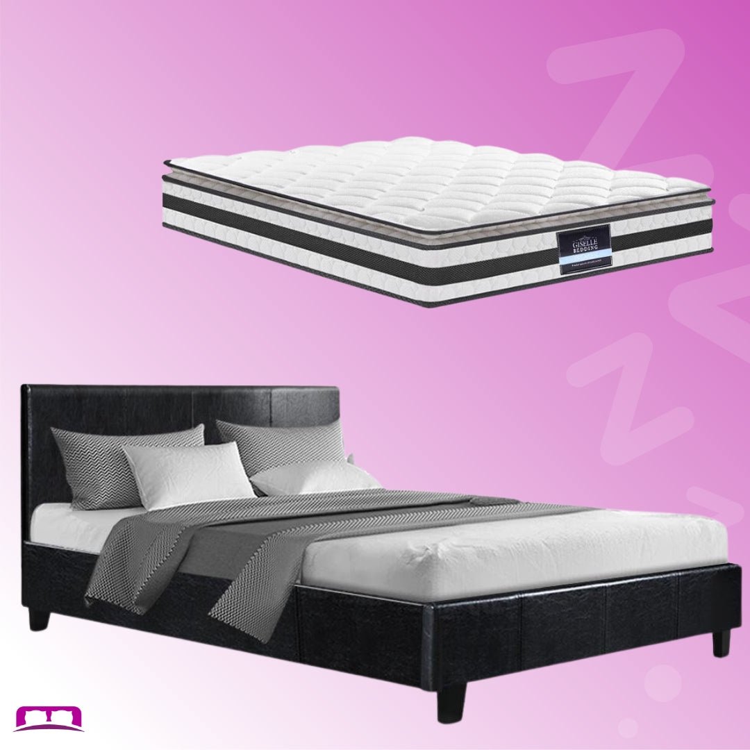 Coogee Bed Black & Normay Series Pillow Top Mattress - Medium Firm Support, Double Package - Perfect for Guest Rooms & Master Bedrooms