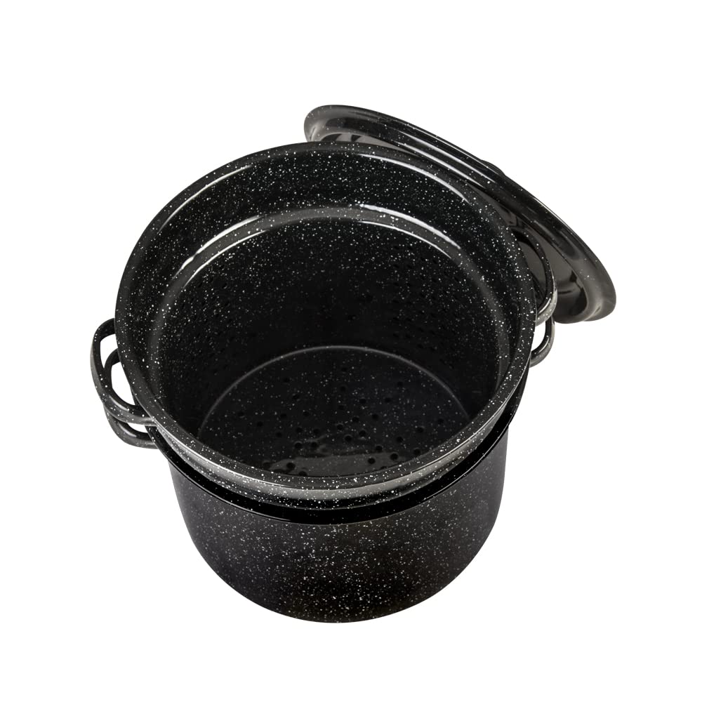 Granite Ware 7.5 Qt 3-Piece Multi-Use Pasta Pot Set with Strainer & Lid - Speckled Black - Large Capacity Cookware for Seafood, Soups, Sauces - Dishwasher Safe & Easy to Clean - Perfect for Family Dinners, Meal Prep & Entertaining