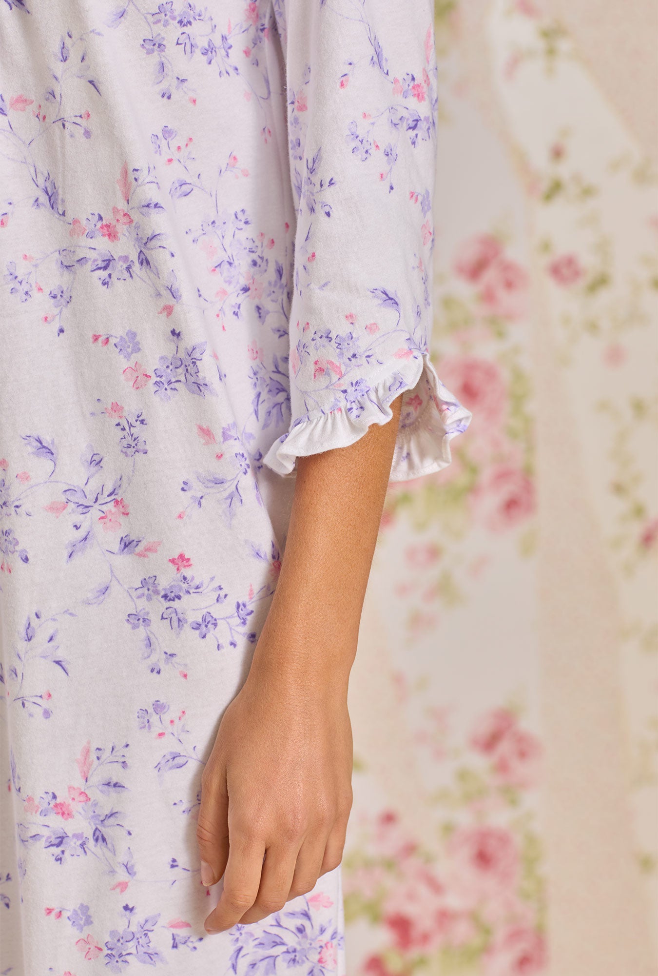 Petite Floral 3/4 Sleeve Cotton Knit Nightgown for Women - Soft & Comfortable Sleepwear for Relaxing at Home or Overnight Travel