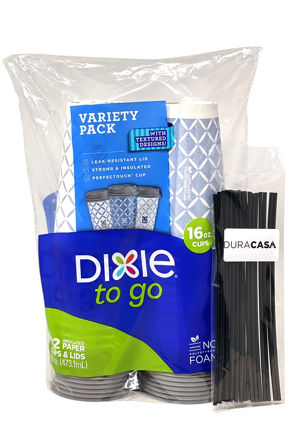 Duracasa 16oz Disposable Paper Coffee Cups with Lids & Straws - 22 Count Combo Pack for Hot Beverages, Assorted Designs - Perfect for Office, Parties, Cafes, and Takeout Drinks